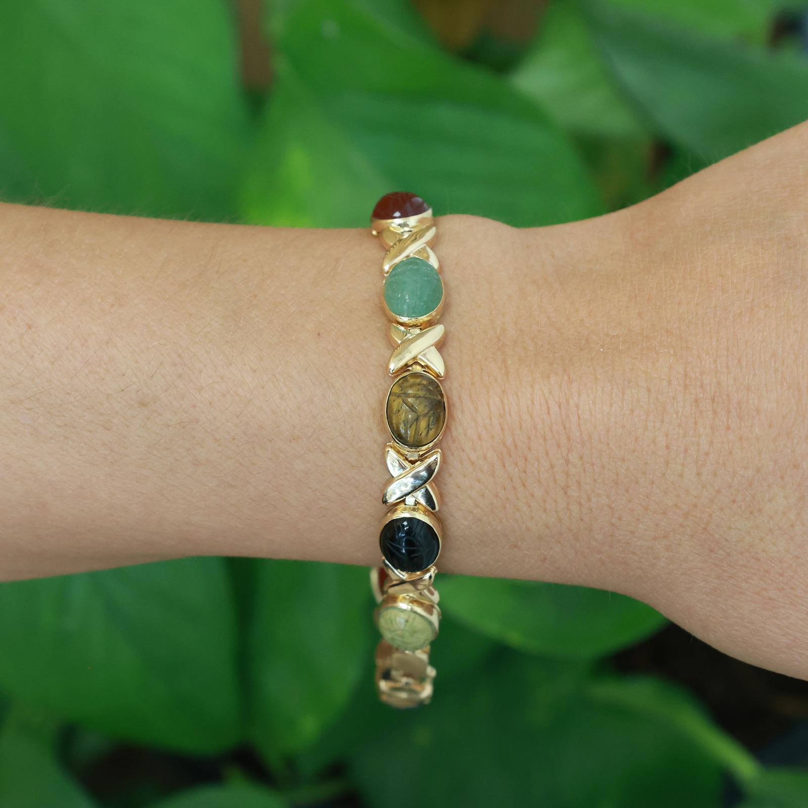 14K Yellow Gold Multi Gemstone Carved Scarab Link Bracelet 7.75”
