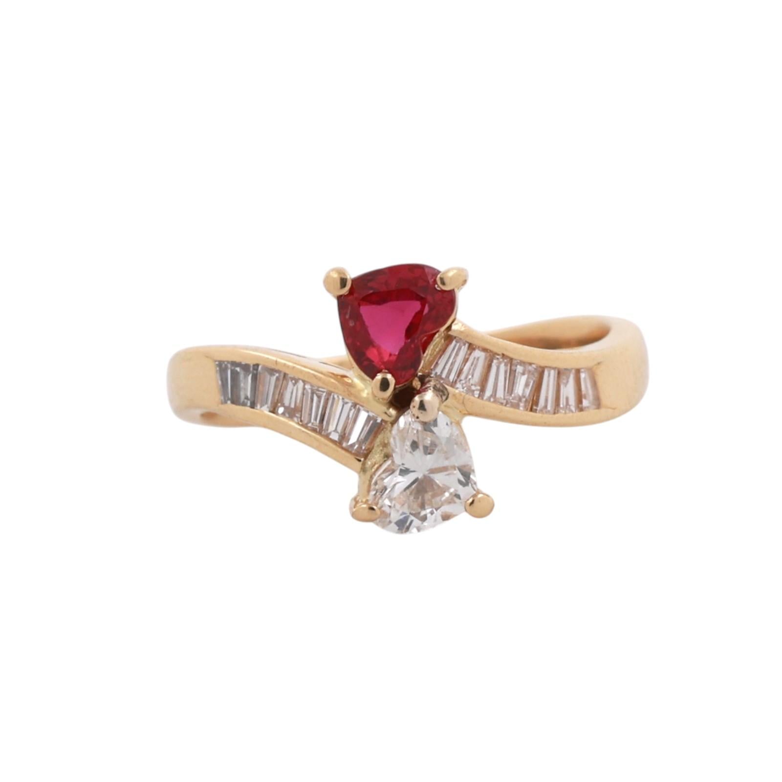 18K Yellow Gold Mayor's Heart Ruby Heart Diamond Baguette Ring 1.35ctw Size 6.75