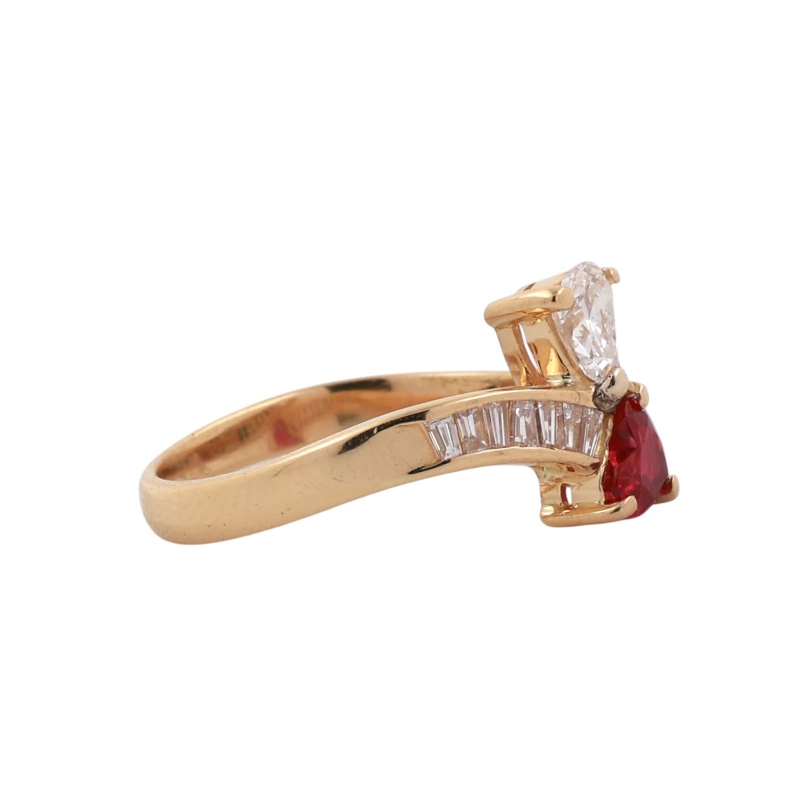 18K Yellow Gold Mayor's Heart Ruby Heart Diamond Baguette Ring 1.35ctw Size 6.75