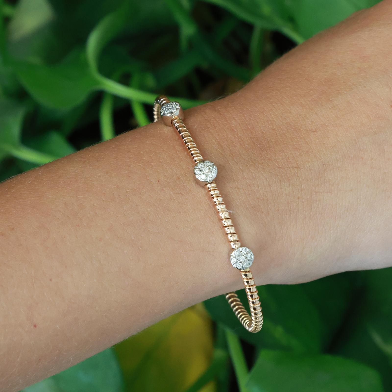 0.30 CTW Diamond Cuff Bangle Bracelet 18K Two Tone Gold Open Bangle Estate 6.75”