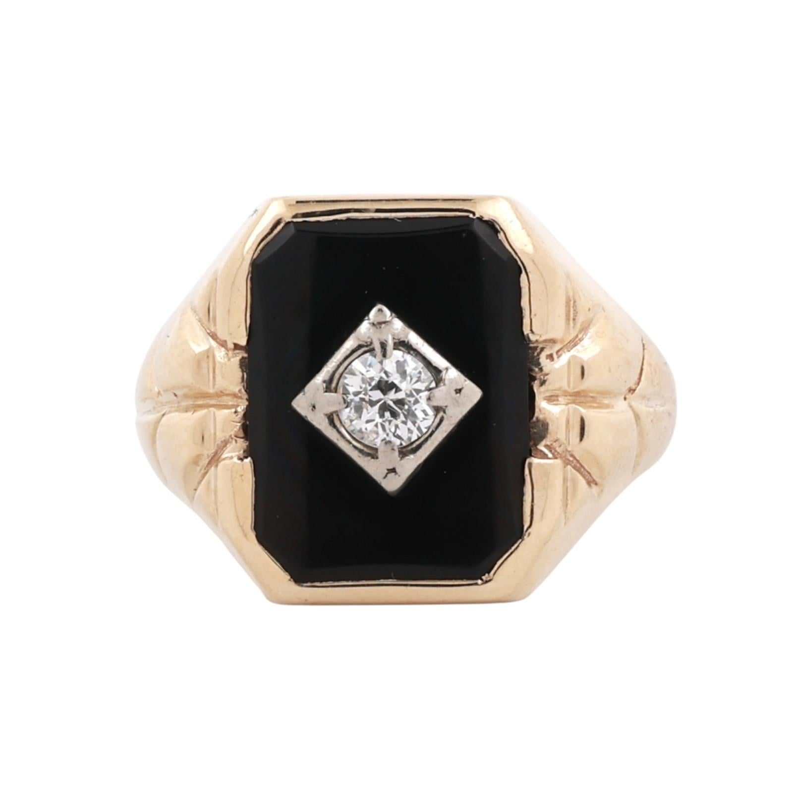 Vintage Two Tone Gold Onyx Old European Cut Diamond Signet Ring Mens Size 11.25