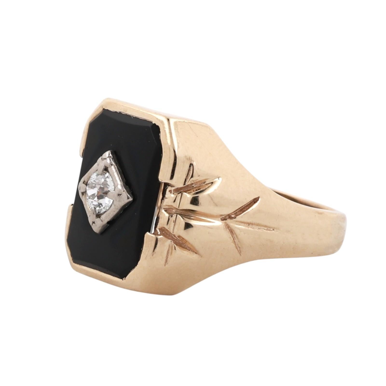 Vintage Two Tone Gold Onyx Old European Cut Diamond Signet Ring Mens Size 11.25