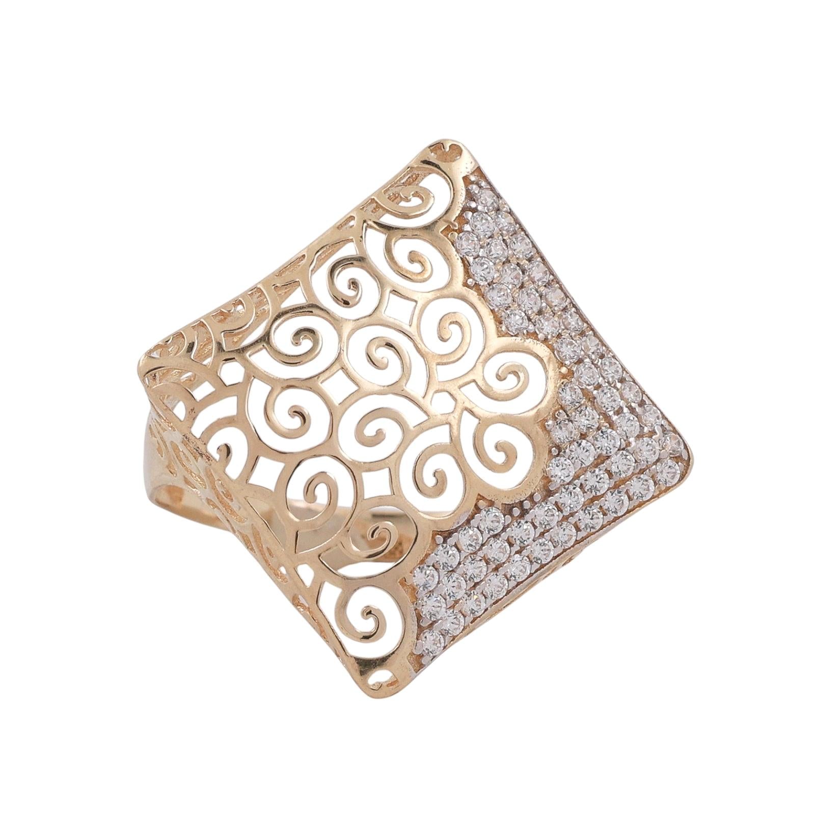14K Yellow Gold CZ Wide Filigree Ring Size 10.5 Statement Openwork Band