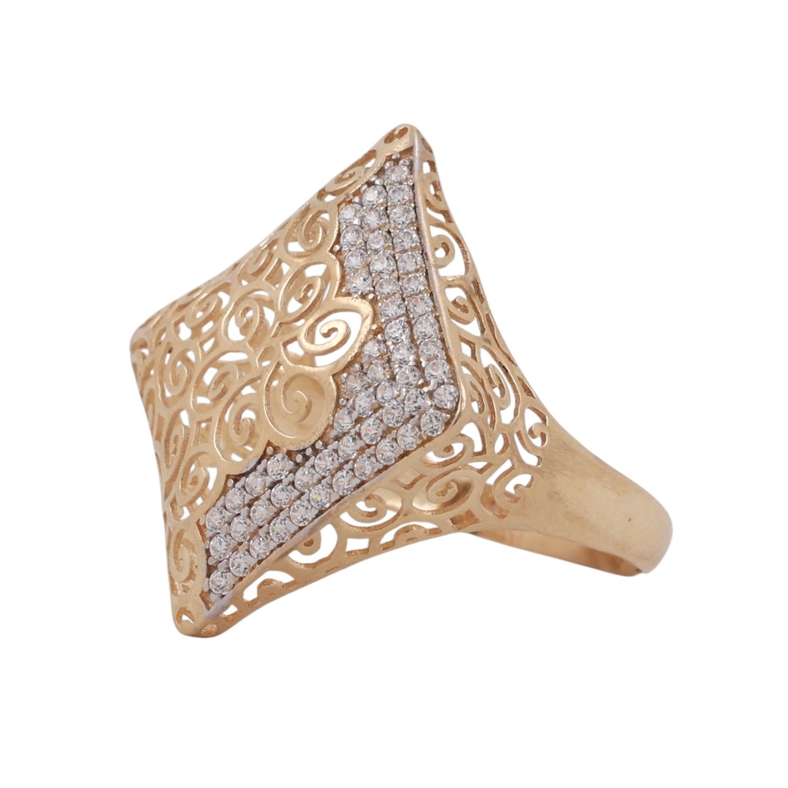 14K Yellow Gold CZ Wide Filigree Ring Size 10.5 Statement Openwork Band
