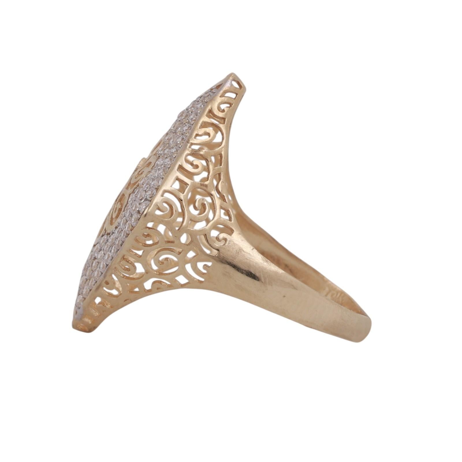 14K Yellow Gold CZ Wide Filigree Ring Size 10.5 Statement Openwork Band