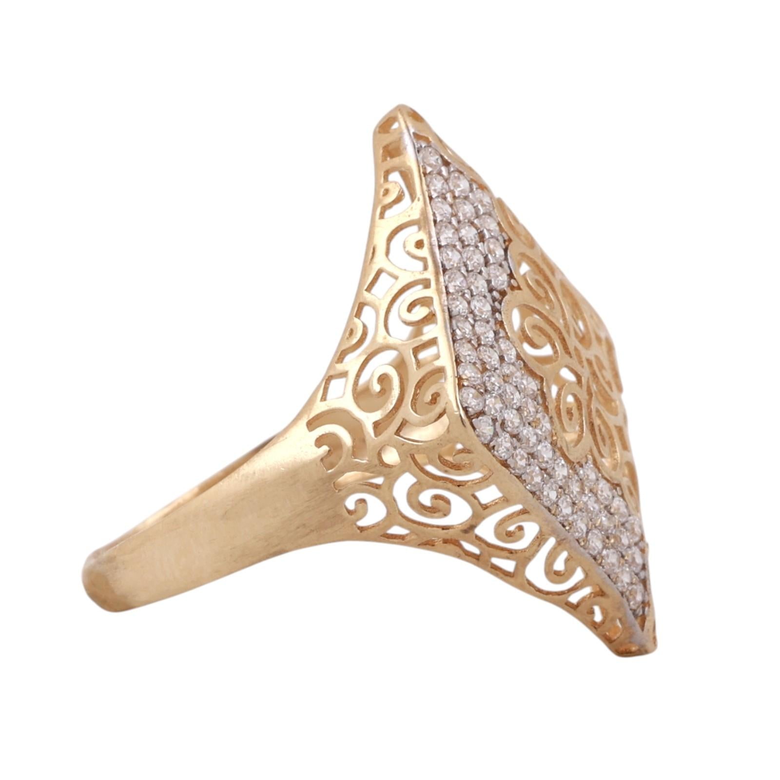 14K Yellow Gold CZ Wide Filigree Ring Size 10.5 Statement Openwork Band
