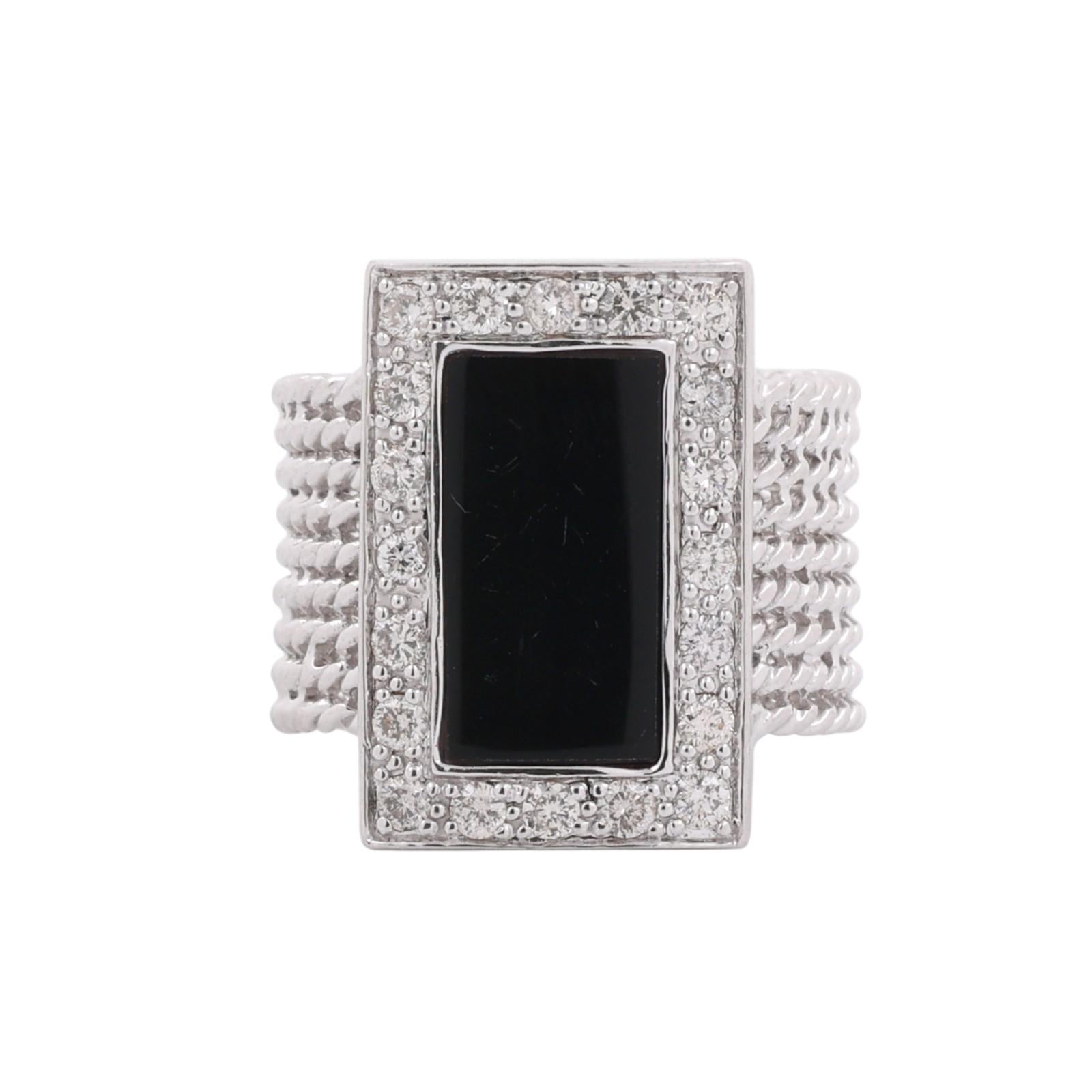 14K White Gold Black Onyx Diamond Halo Twisted Cable Ring Size 5.25