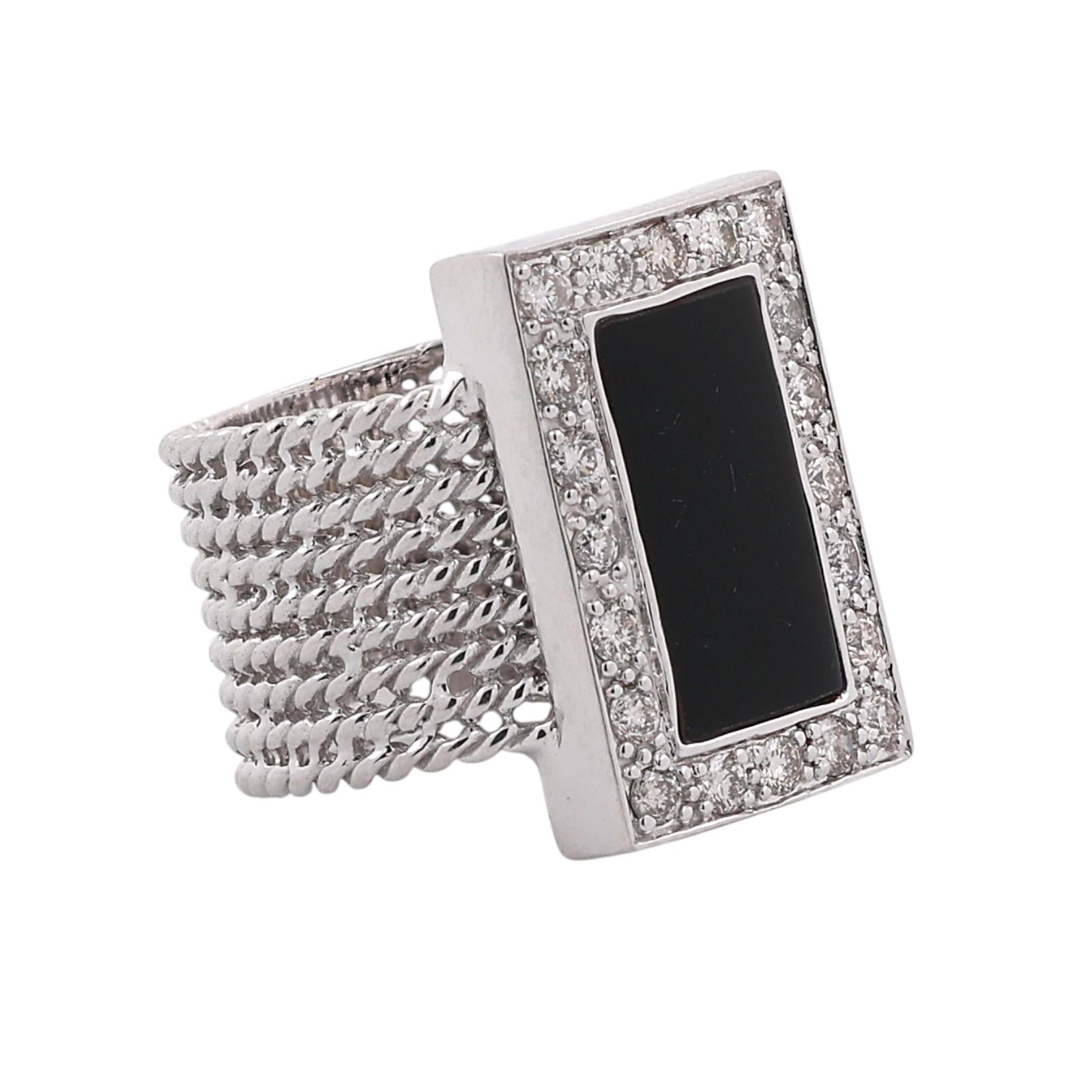 14K White Gold Black Onyx Diamond Halo Twisted Cable Ring Size 5.25