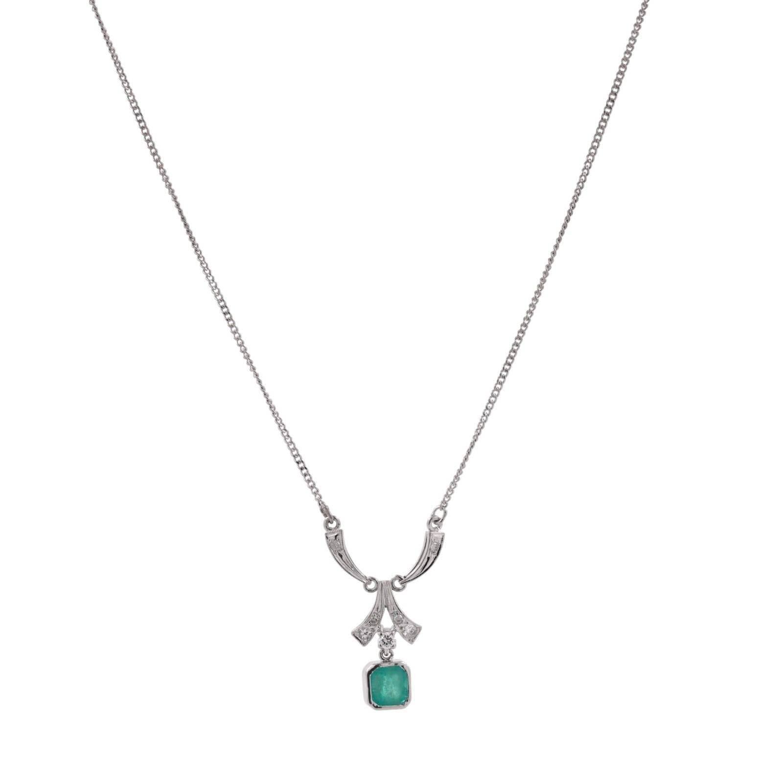 White Gold Emerald Diamond Art Deco Style Dangle Necklace Estate 0.95CTW
