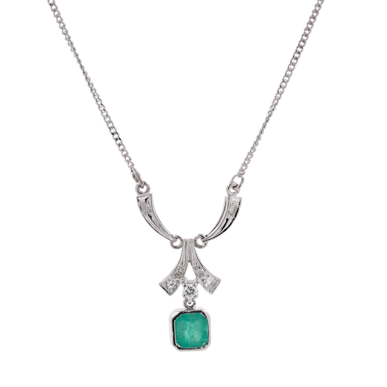 White Gold Emerald Diamond Art Deco Style Dangle Necklace Estate 0.95CTW