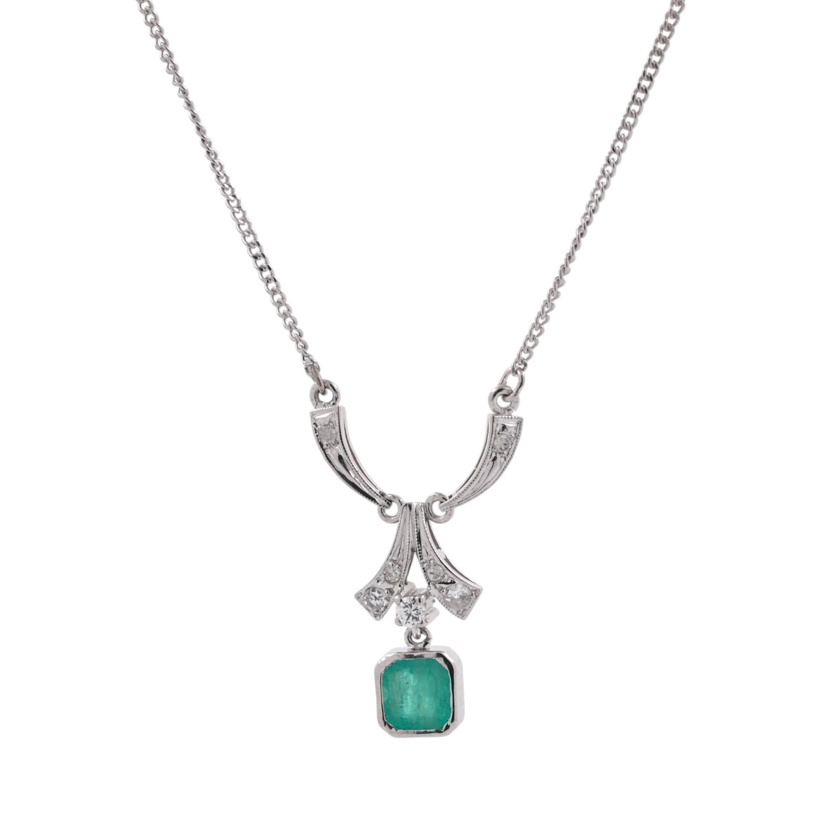White Gold Emerald Diamond Art Deco Style Dangle Necklace Estate 0.95CTW