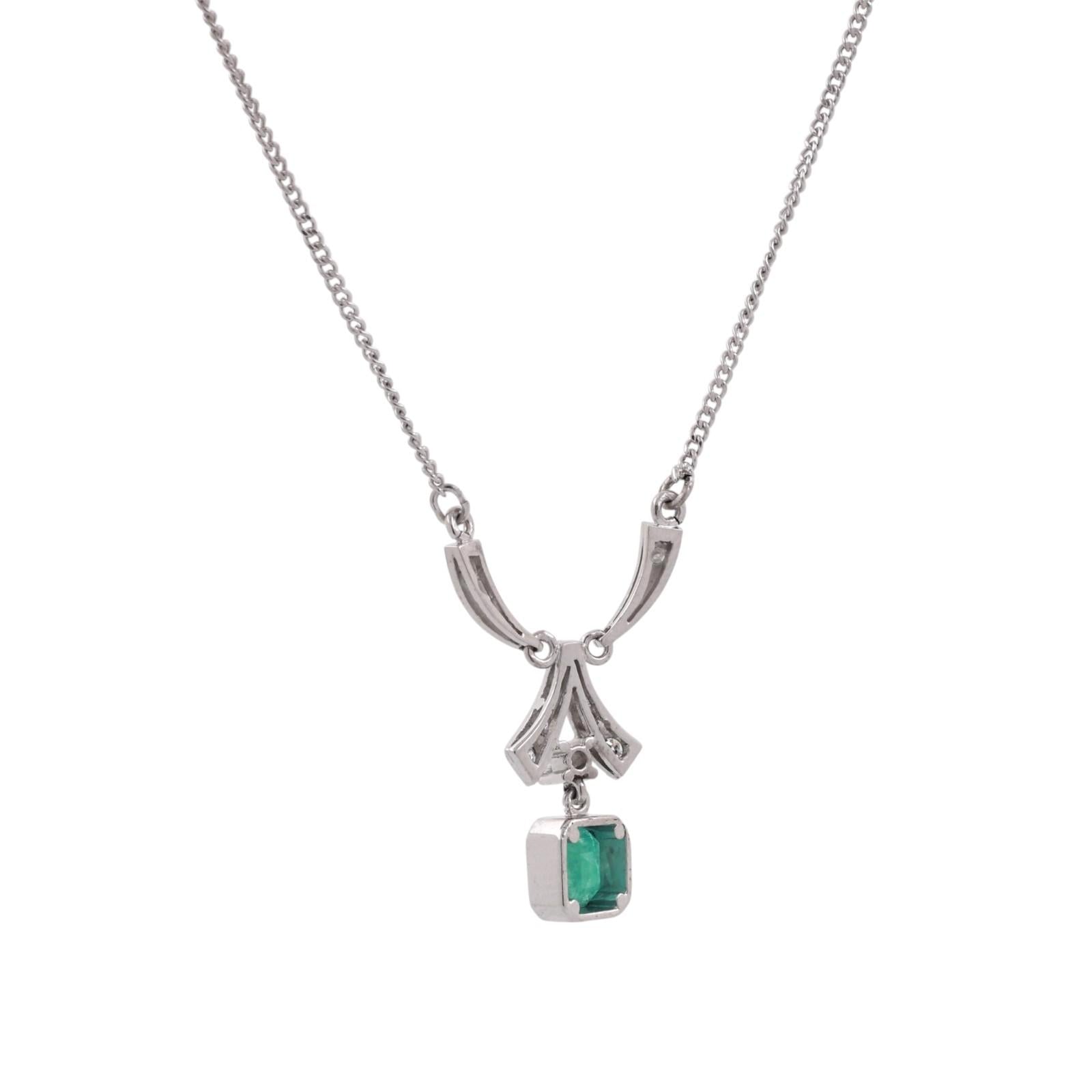 White Gold Emerald Diamond Art Deco Style Dangle Necklace Estate 0.95CTW