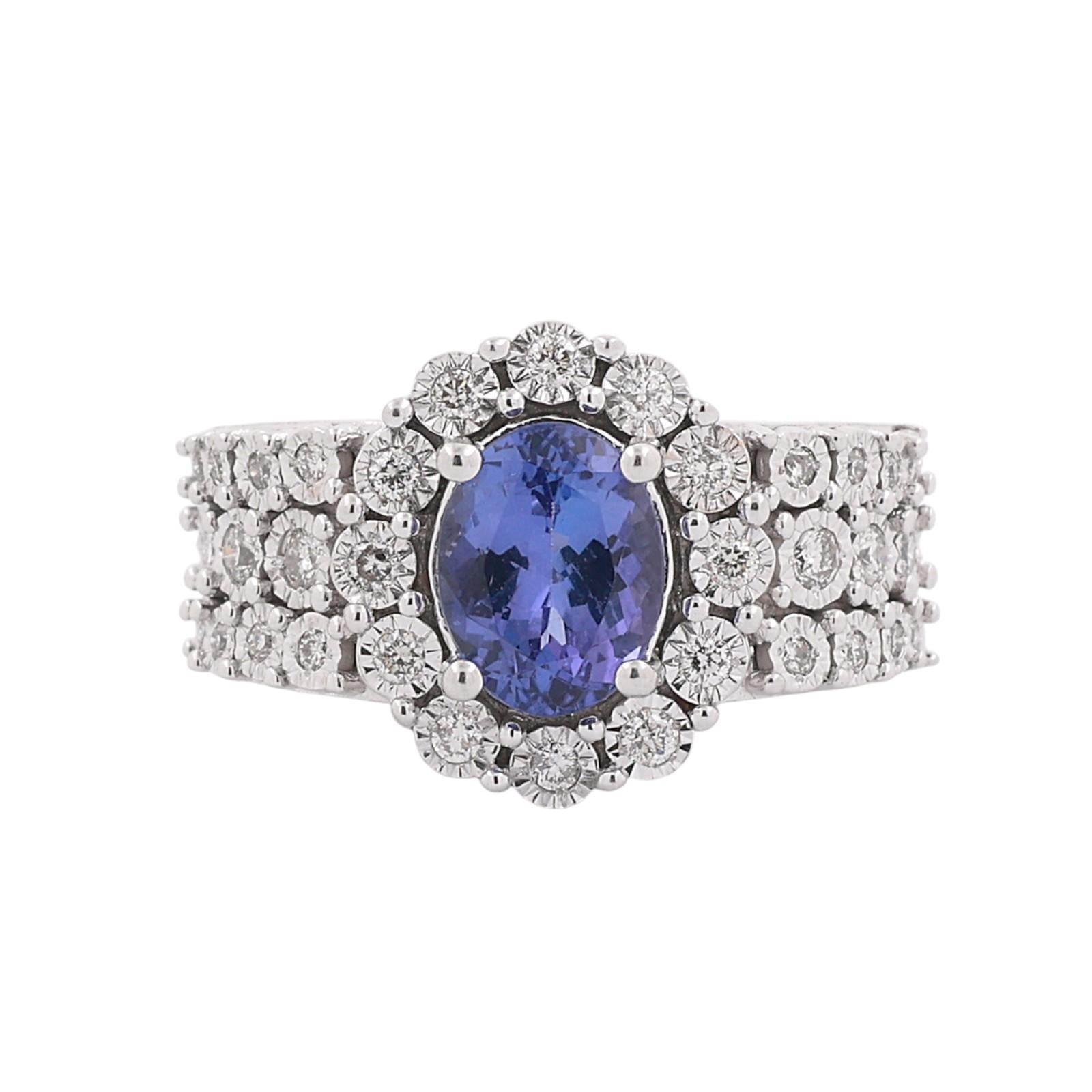 14K White Gold 2.70ctw Tanzanite Diamond Halo Cocktail Ring Size 5.5