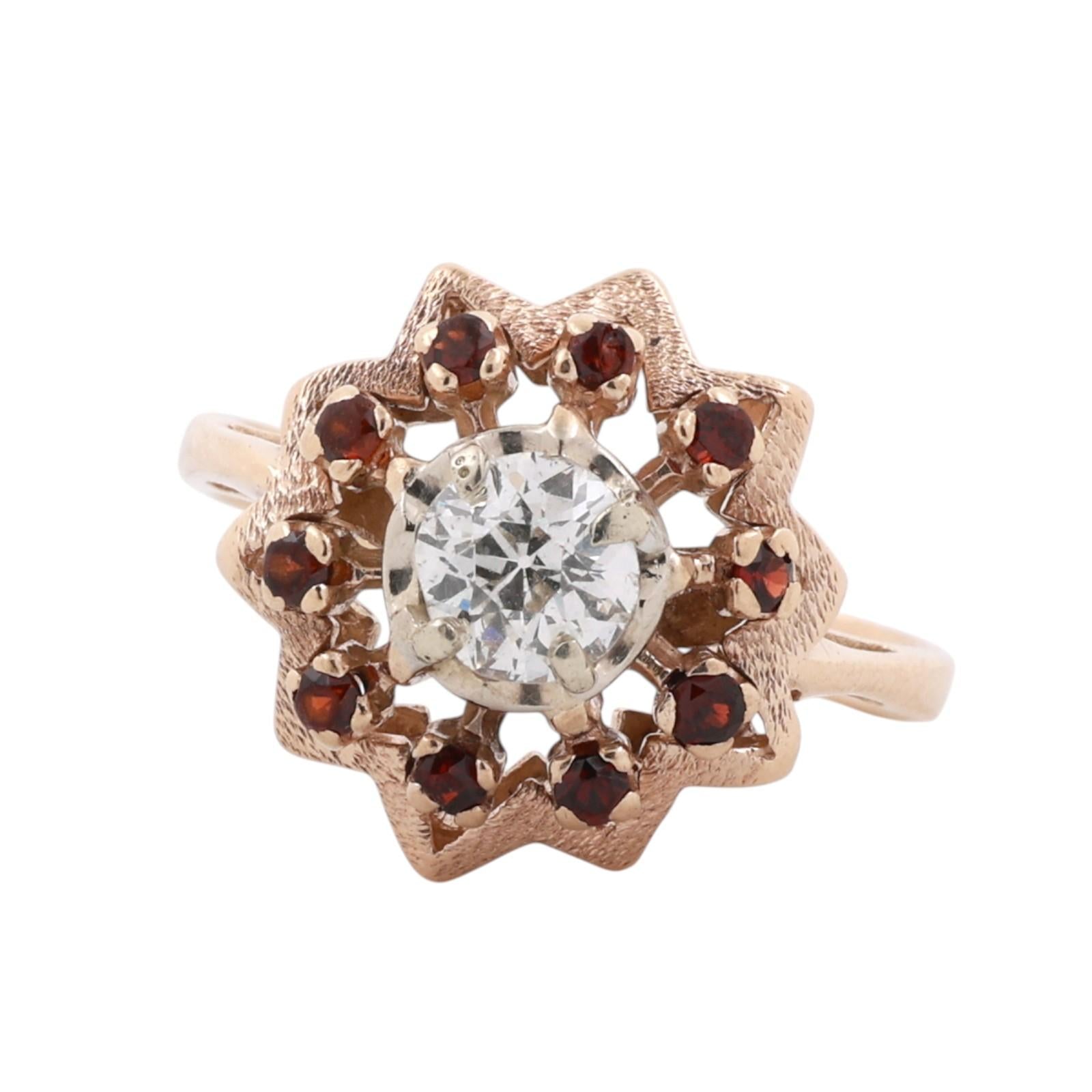14K Two-Tone Gold 0.70ct Diamond Garnet Halo Star Cocktail Ring Size 7.25