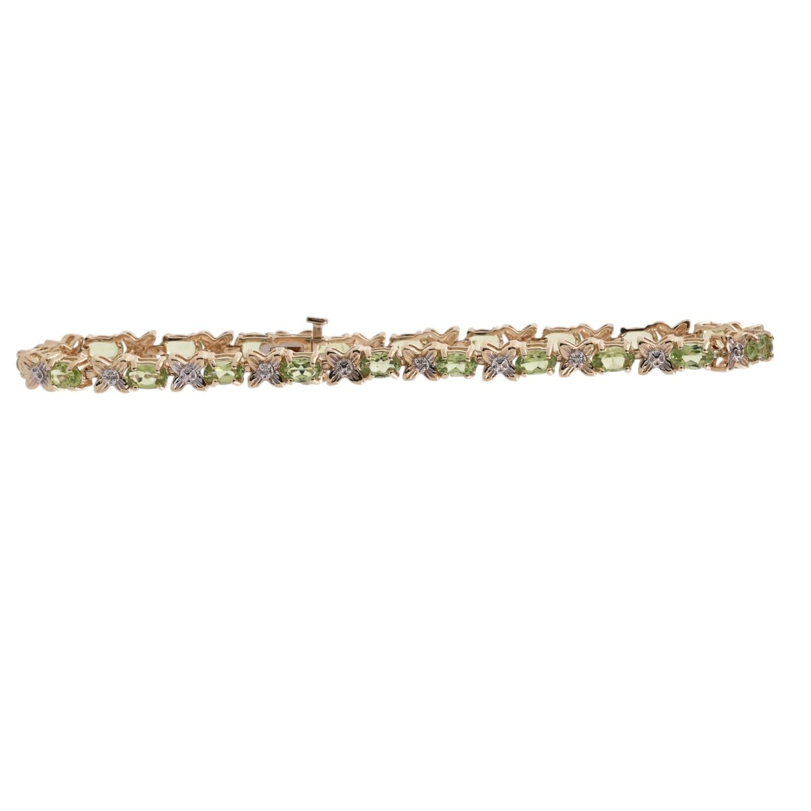 14K Two Tone Gold Peridot Diamond Tennis Bracelet 5.10CTW Floral X Link 7.25"