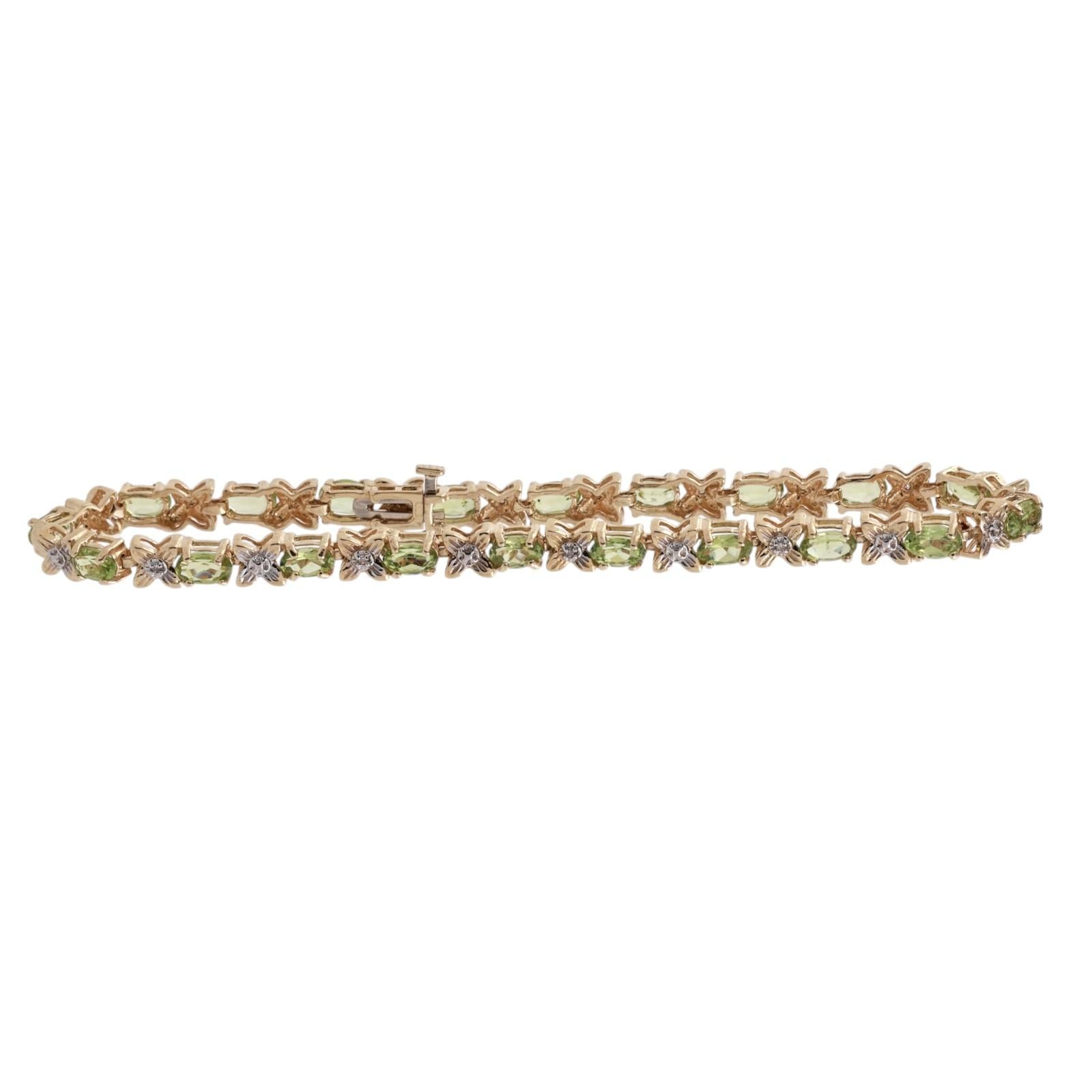 14K Two Tone Gold Peridot Diamond Tennis Bracelet 5.10CTW Floral X Link 7.25"