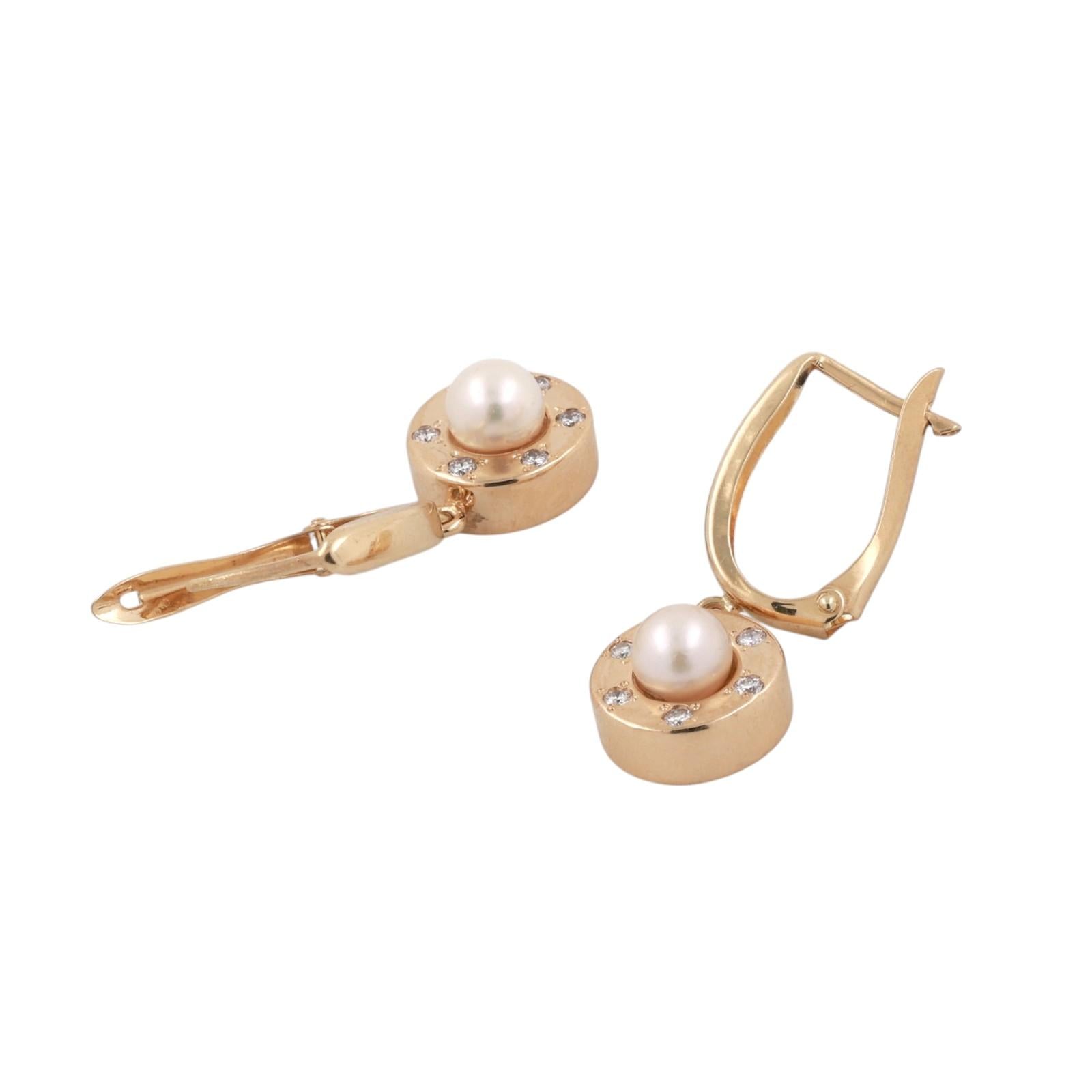 14K Yellow Gold Akoya Pearl Diamond Round Hoop Drop Dangle Earrings