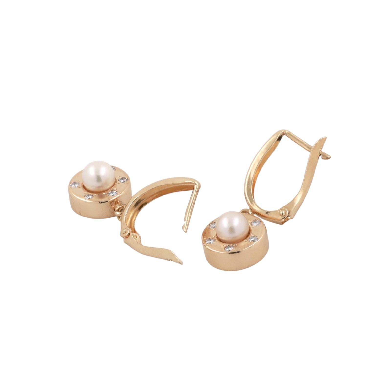 14K Yellow Gold Akoya Pearl Diamond Round Hoop Drop Dangle Earrings