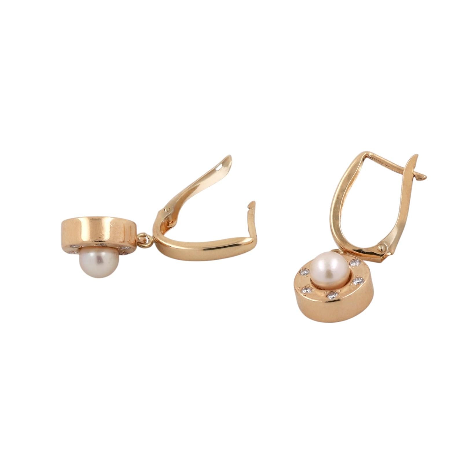 14K Yellow Gold Akoya Pearl Diamond Round Hoop Drop Dangle Earrings