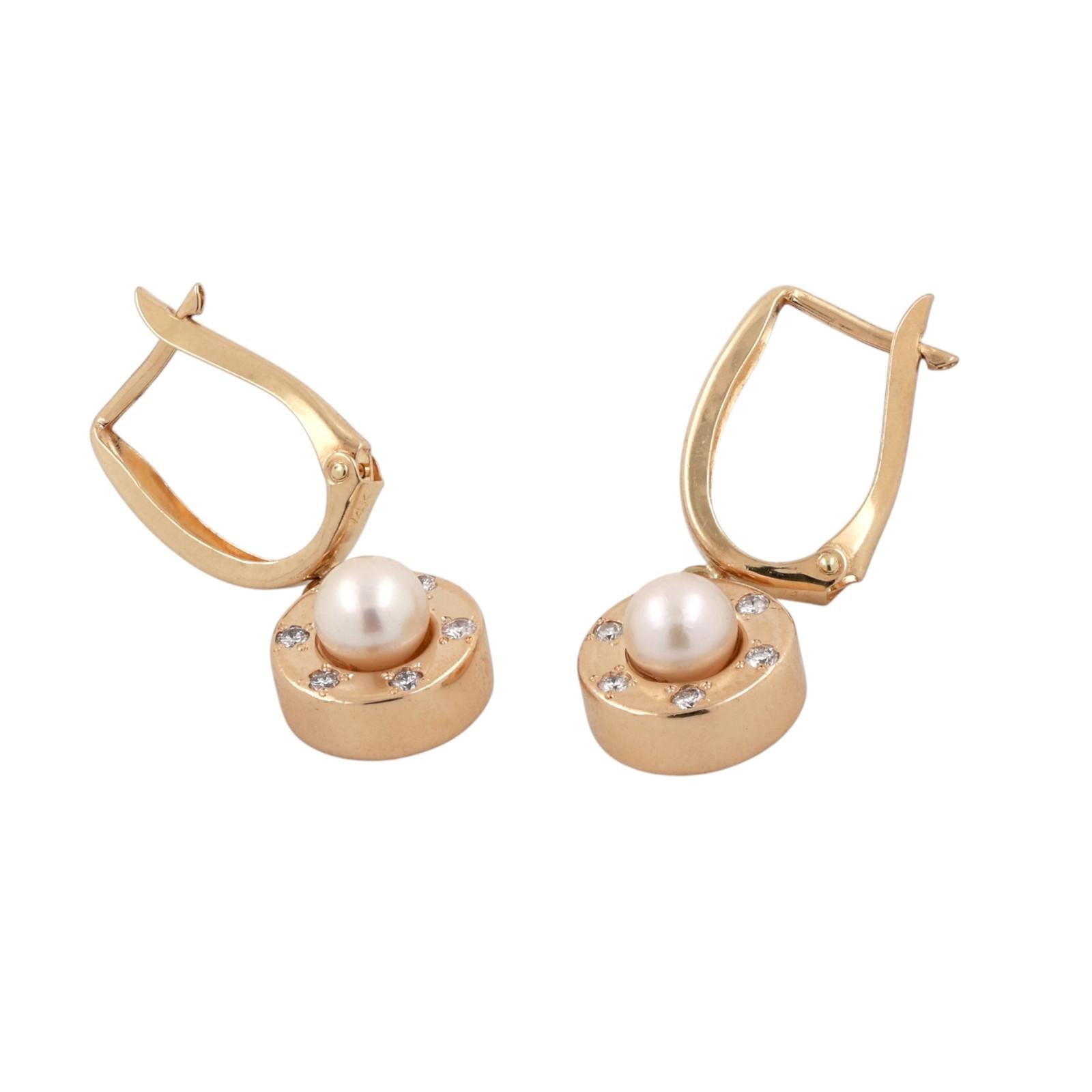 14K Yellow Gold Akoya Pearl Diamond Round Hoop Drop Dangle Earrings