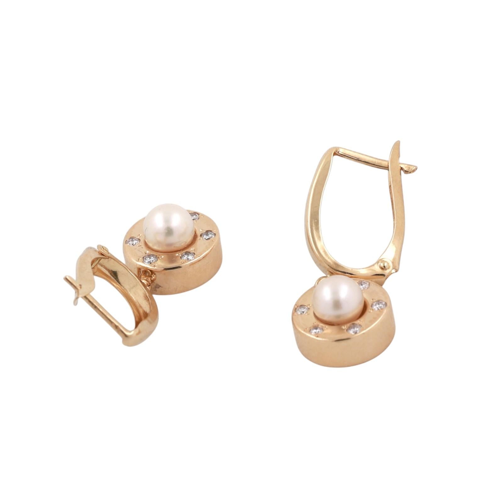 14K Yellow Gold Akoya Pearl Diamond Round Hoop Drop Dangle Earrings