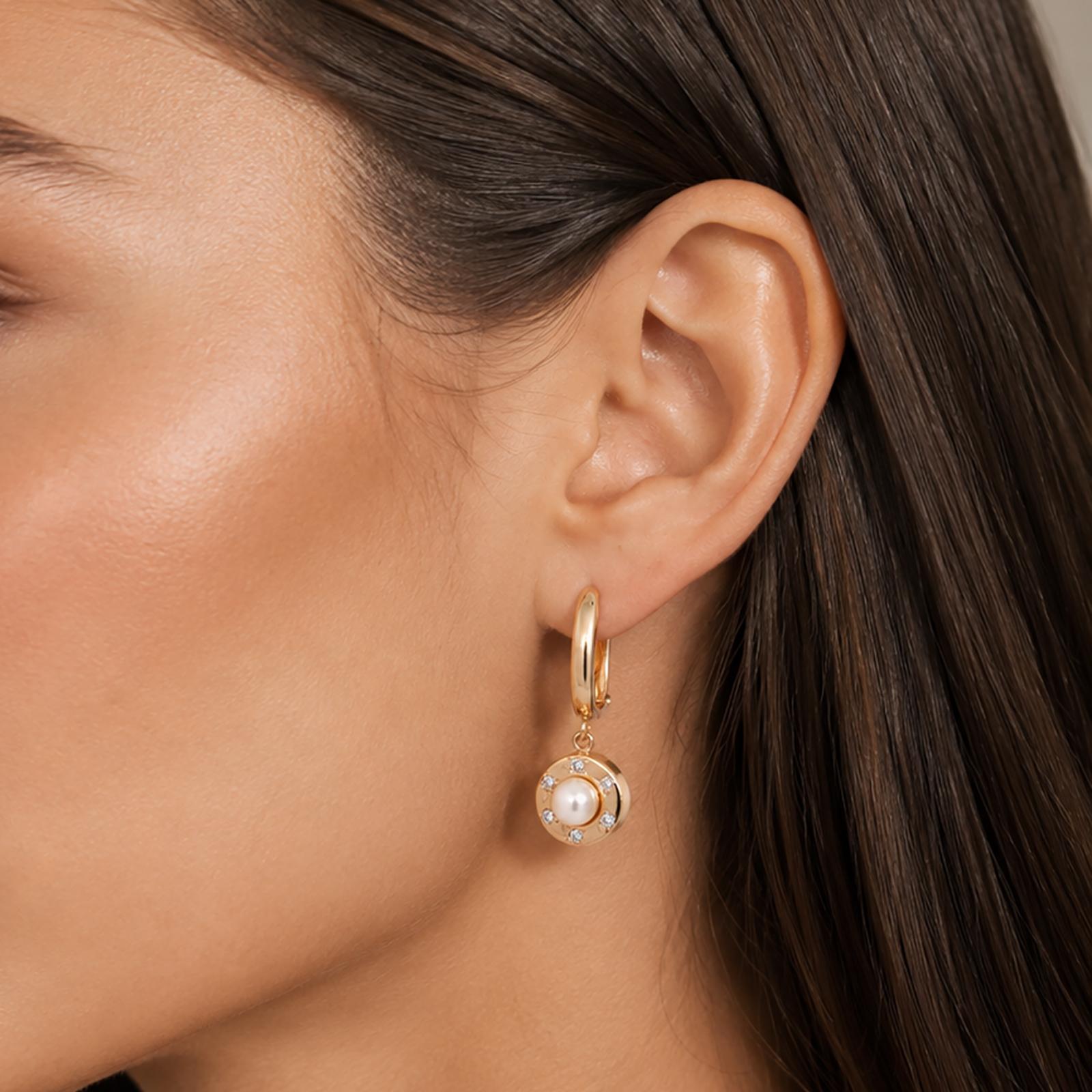 14K Yellow Gold Akoya Pearl Diamond Round Hoop Drop Dangle Earrings