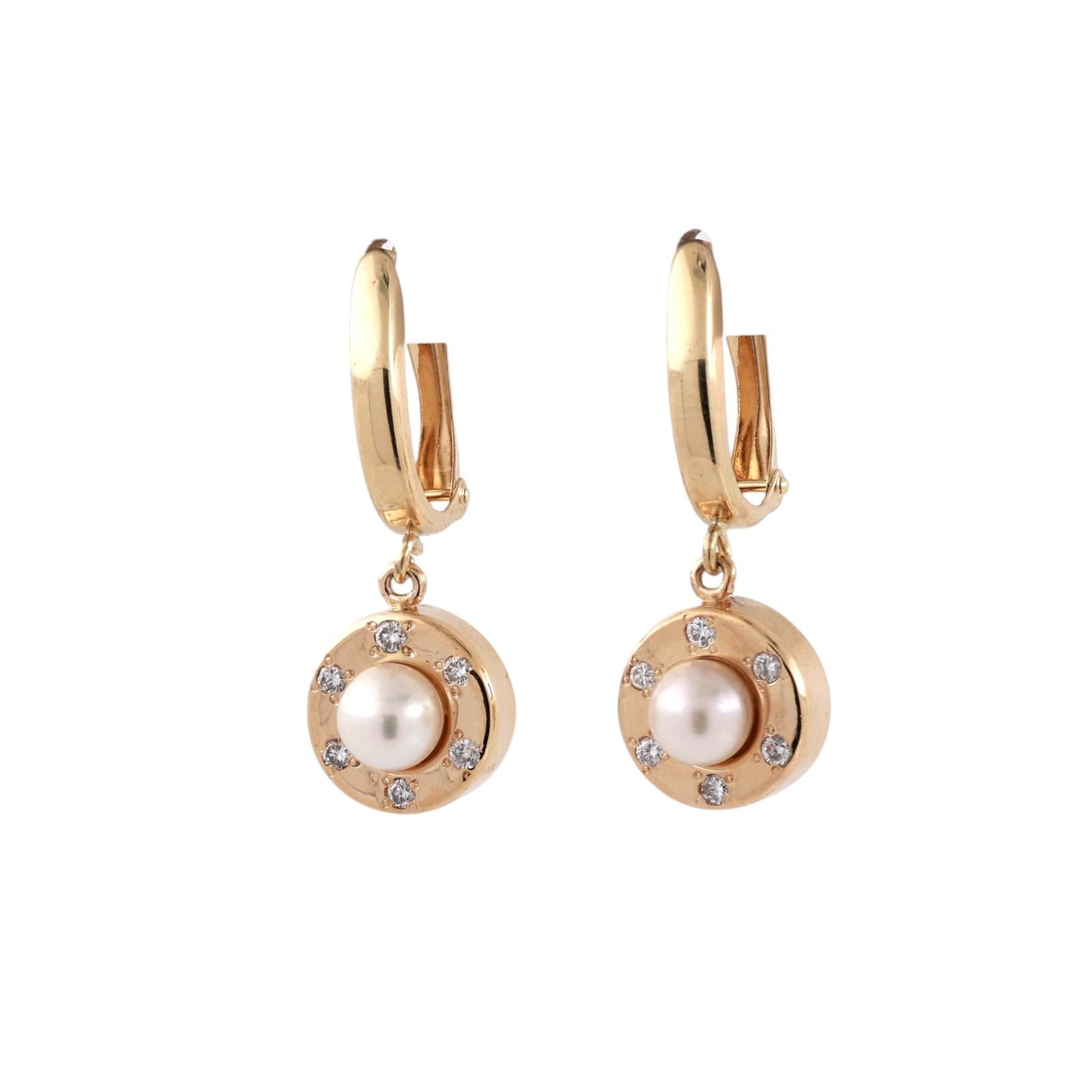14K Yellow Gold Akoya Pearl Diamond Round Hoop Drop Dangle Earrings