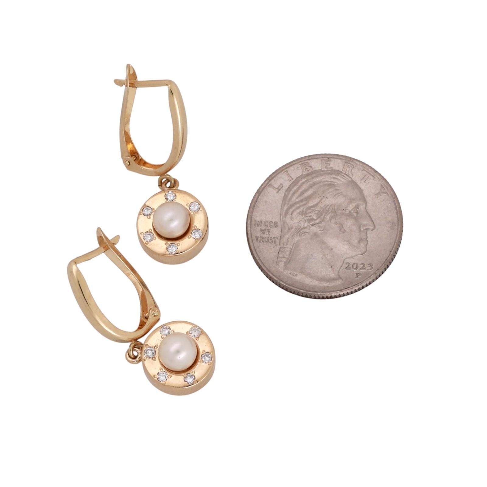 14K Yellow Gold Akoya Pearl Diamond Round Hoop Drop Dangle Earrings