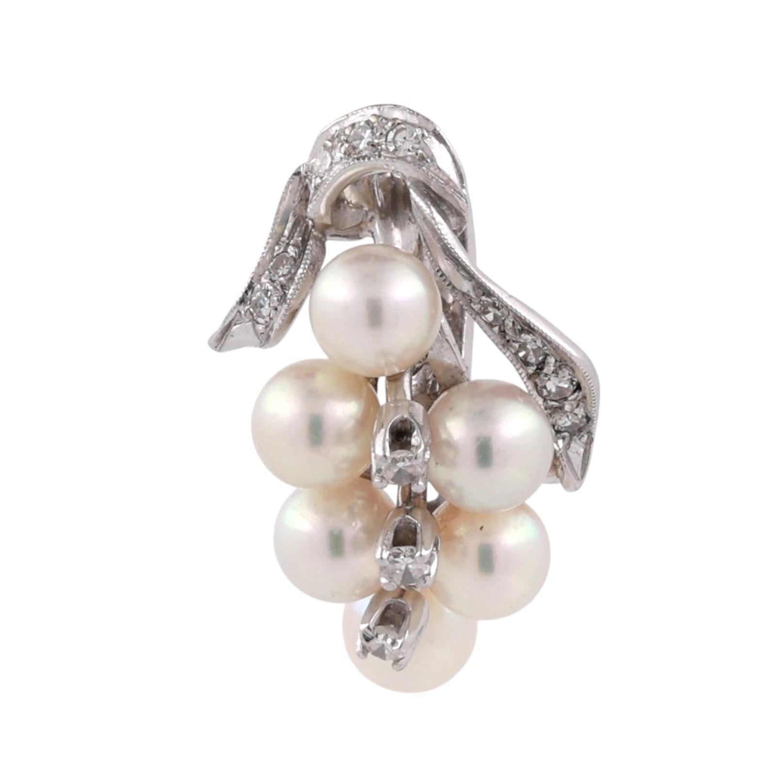 White Gold Akoya Pearl Diamond Cluster Pendant Vintage Grape Drop Estate