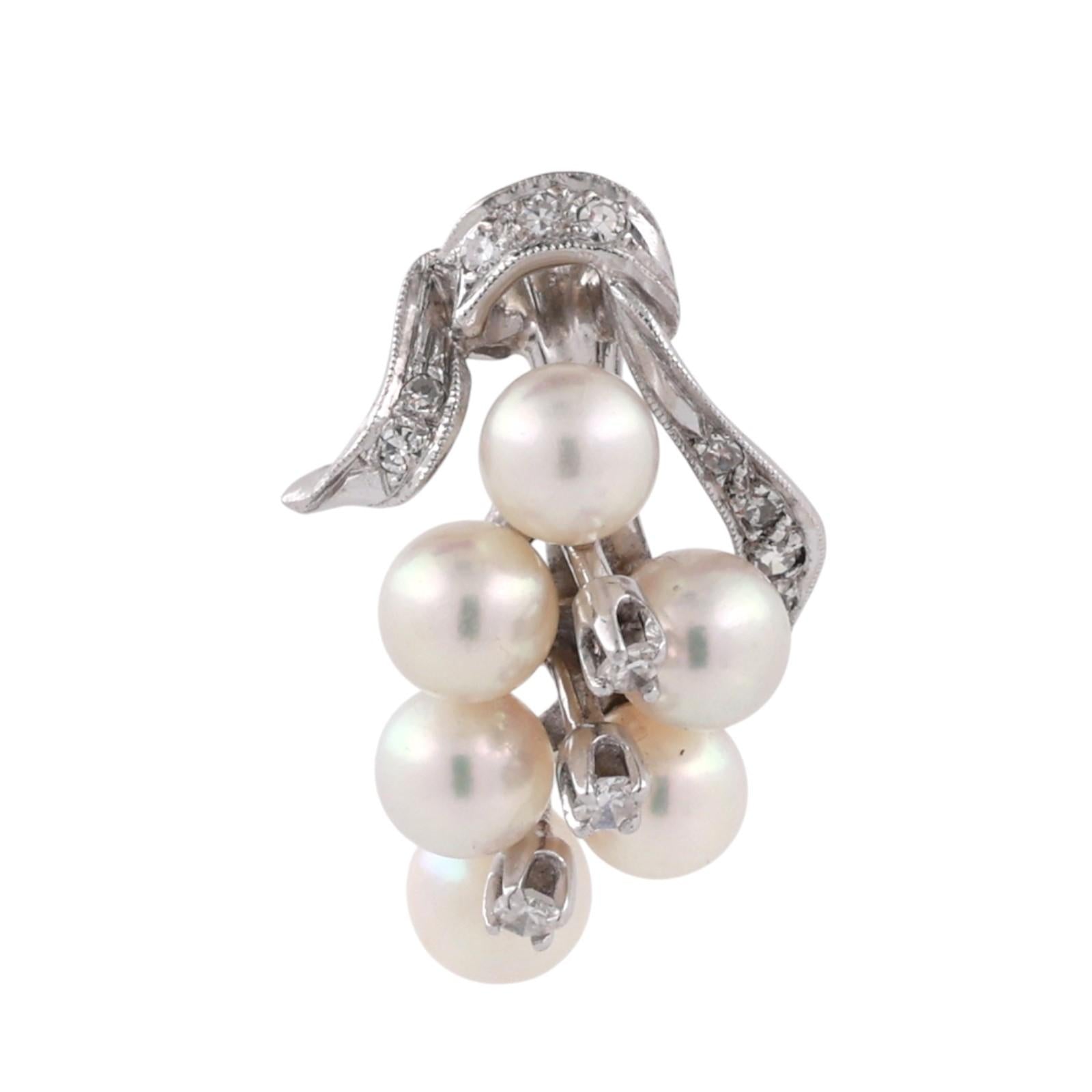 White Gold Akoya Pearl Diamond Cluster Pendant Vintage Grape Drop Estate