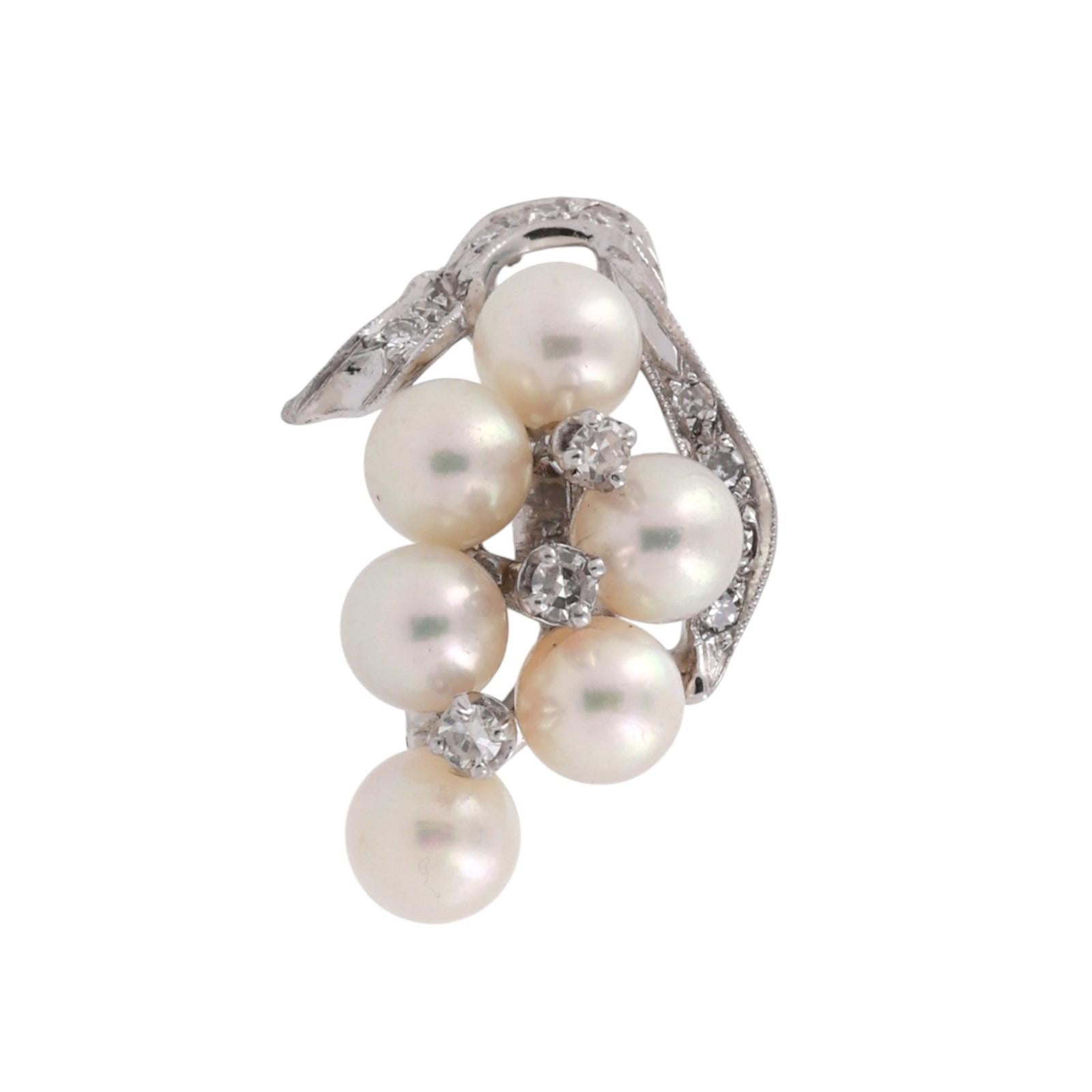 White Gold Akoya Pearl Diamond Cluster Pendant Vintage Grape Drop Estate