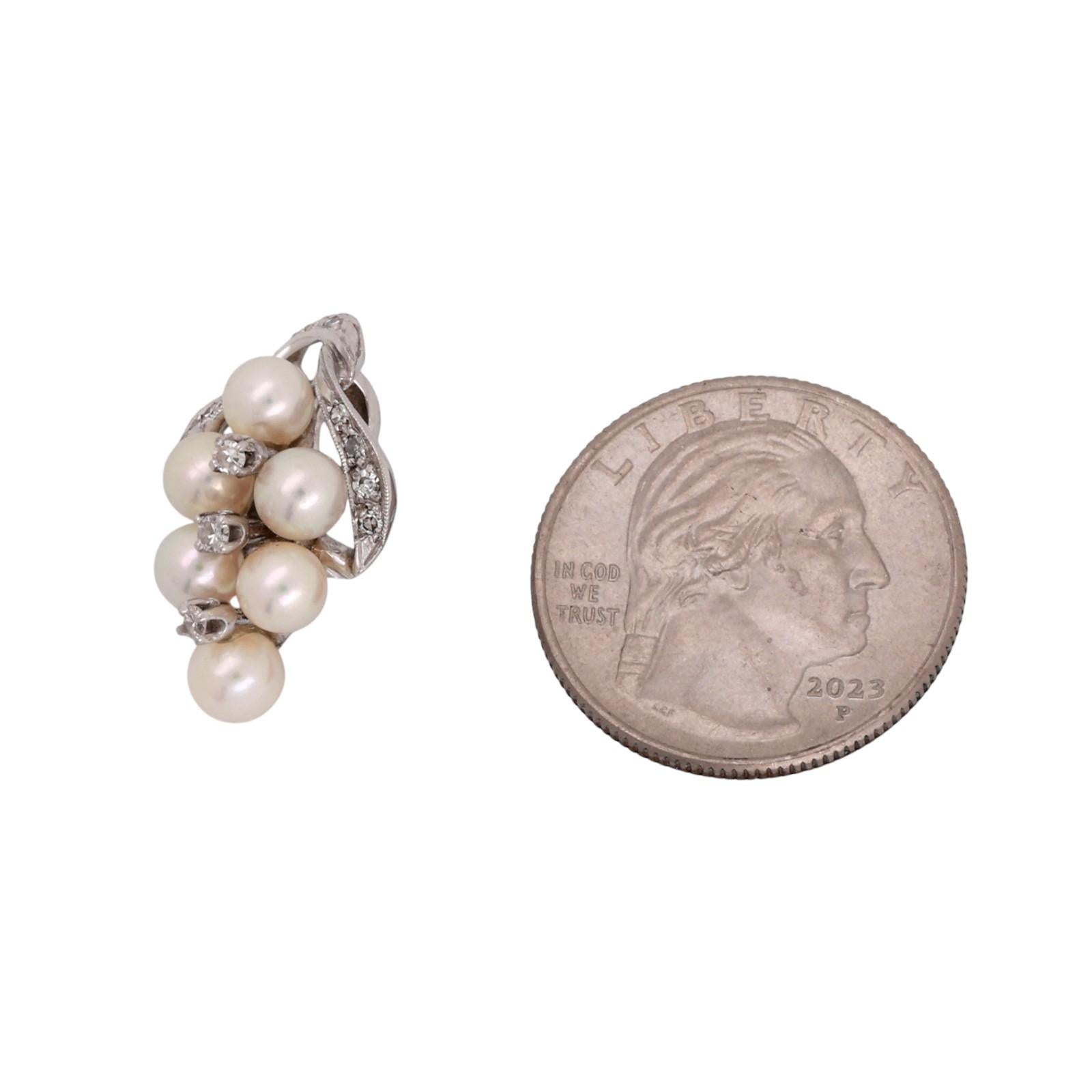 White Gold Akoya Pearl Diamond Cluster Pendant Vintage Grape Drop Estate