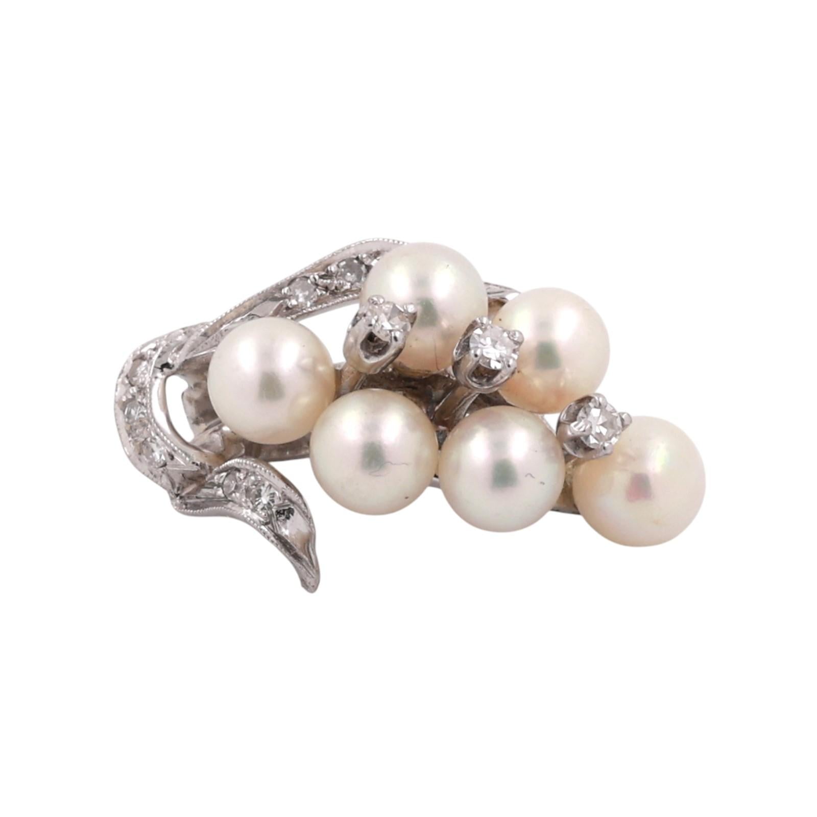 White Gold Akoya Pearl Diamond Cluster Pendant Vintage Grape Drop Estate