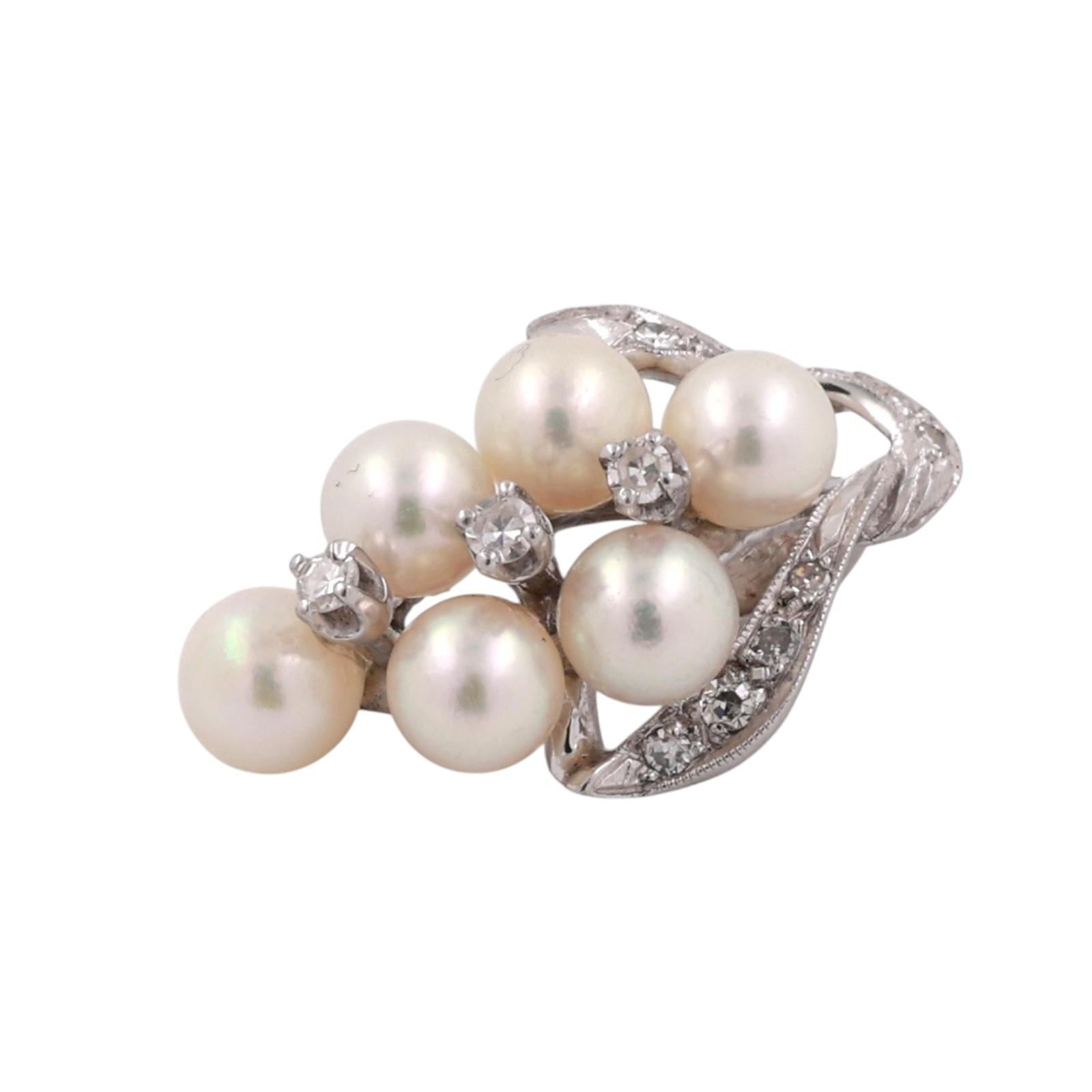 White Gold Akoya Pearl Diamond Cluster Pendant Vintage Grape Drop Estate
