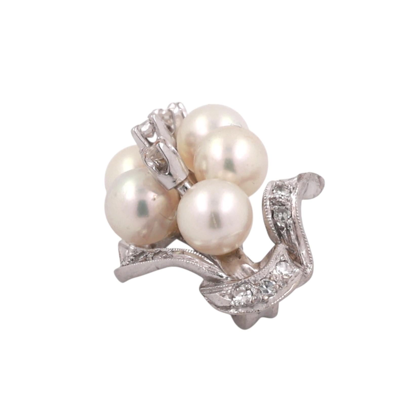 White Gold Akoya Pearl Diamond Cluster Pendant Vintage Grape Drop Estate