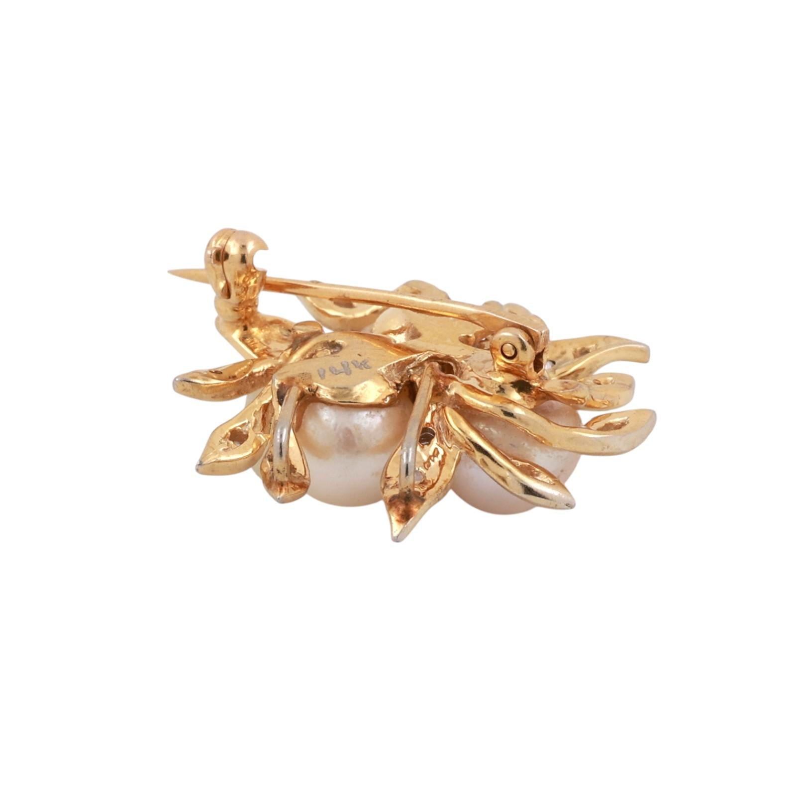Vintage 14K Yellow Gold Akoya Pearl Diamond Leaf Cluster Brooch Pendant Estate