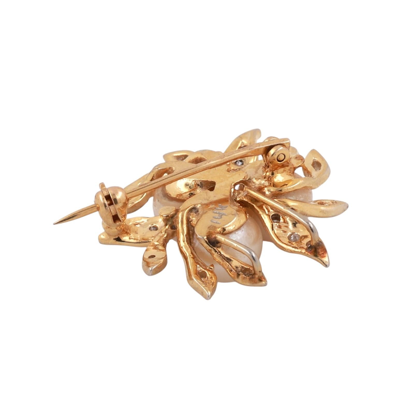 Vintage 14K Yellow Gold Akoya Pearl Diamond Leaf Cluster Brooch Pendant Estate