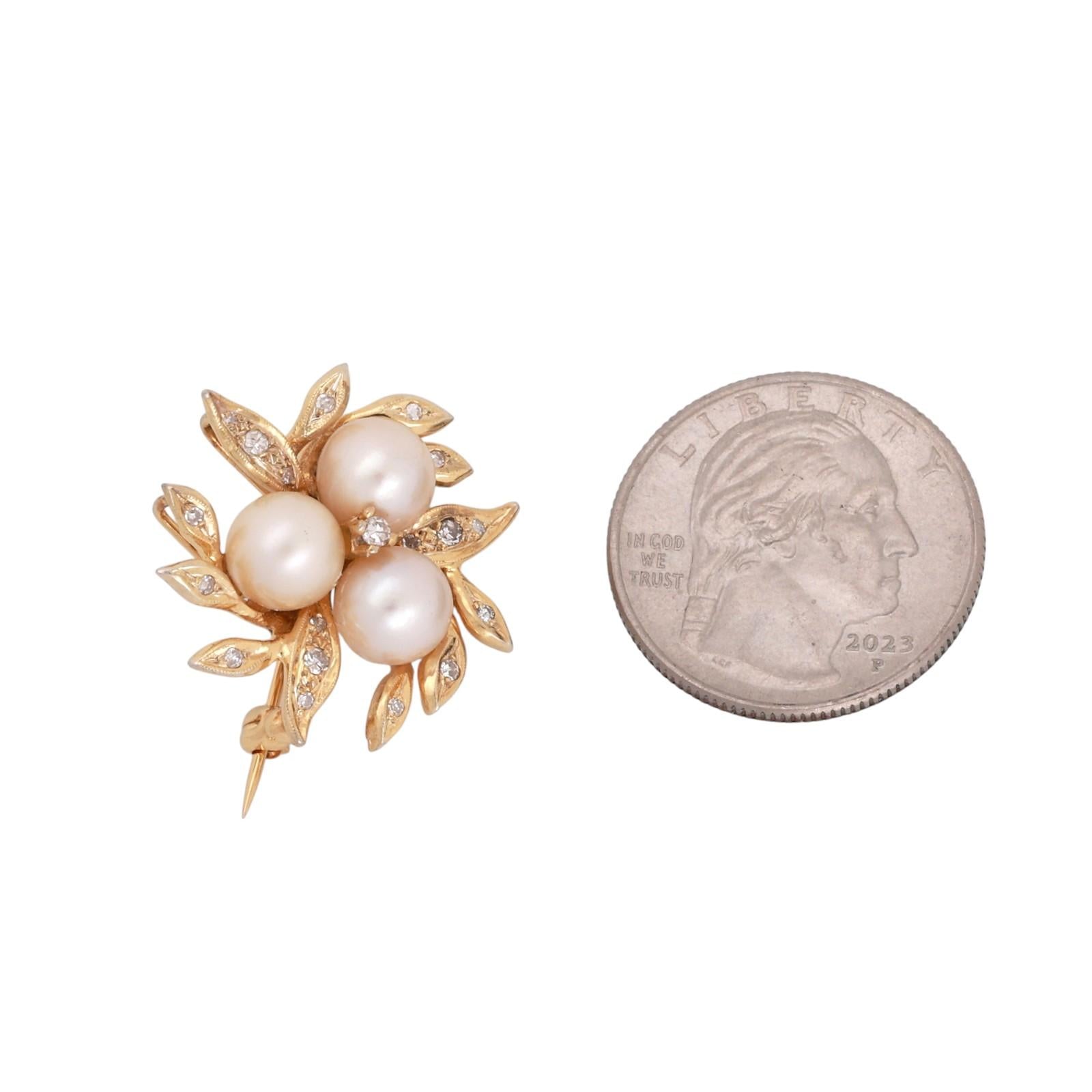 Vintage 14K Yellow Gold Akoya Pearl Diamond Leaf Cluster Brooch Pendant Estate