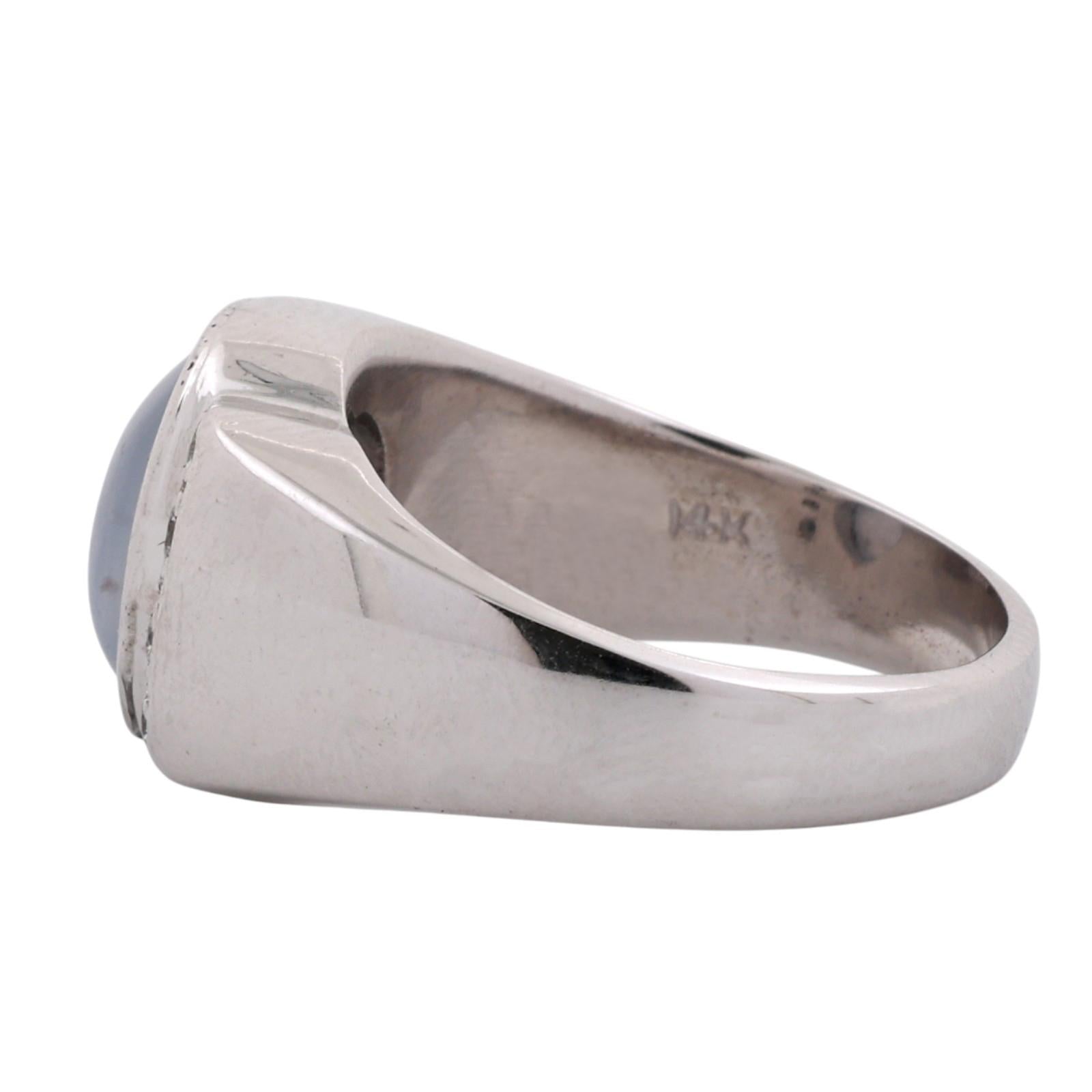 14K White Gold Blue Star Sapphire Diamond Signet Ring 3.80ctw Unisex Estate