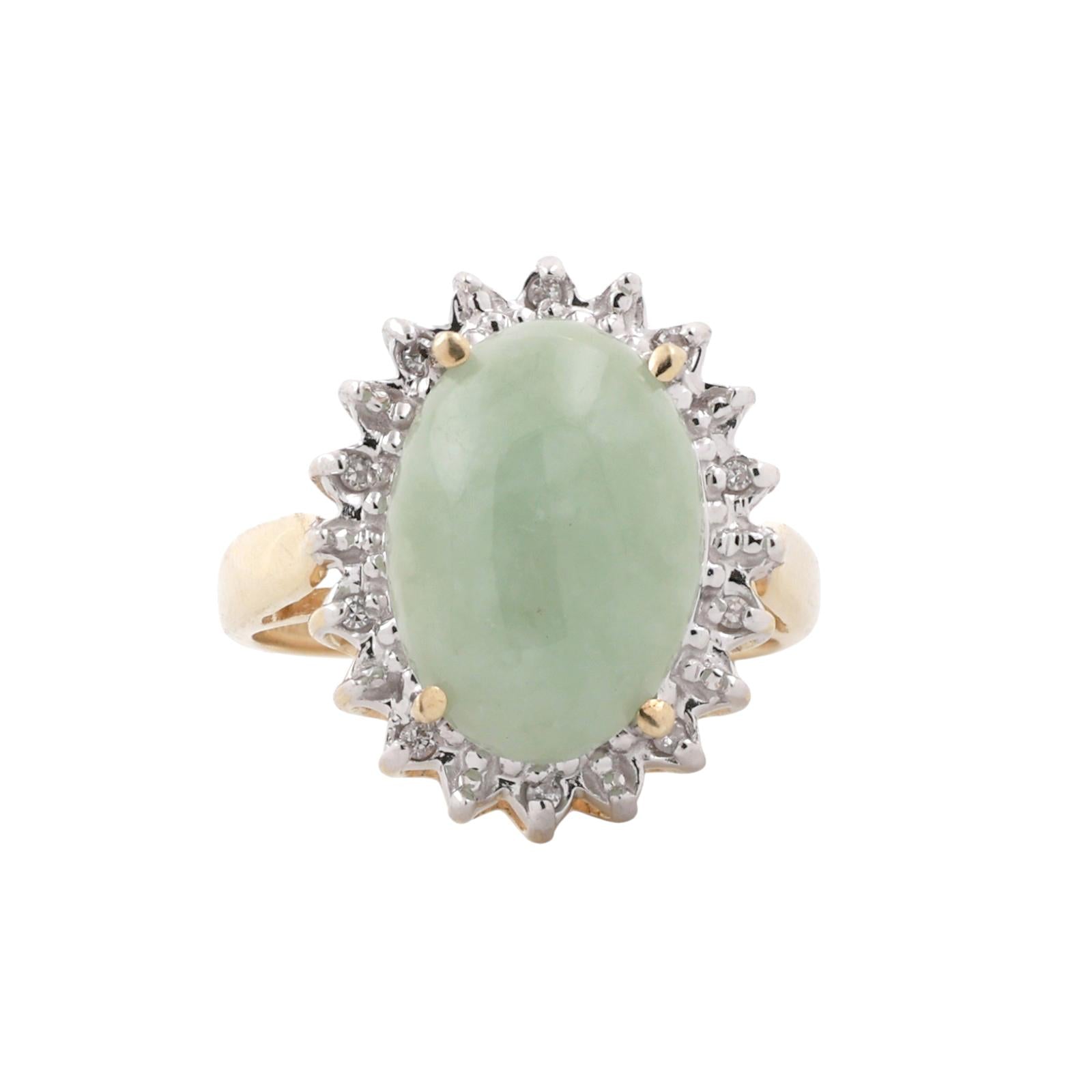 14K Two Tone Gold Jadeite Jade Diamond Ring Oval Cabochon Halo Setting Size 7