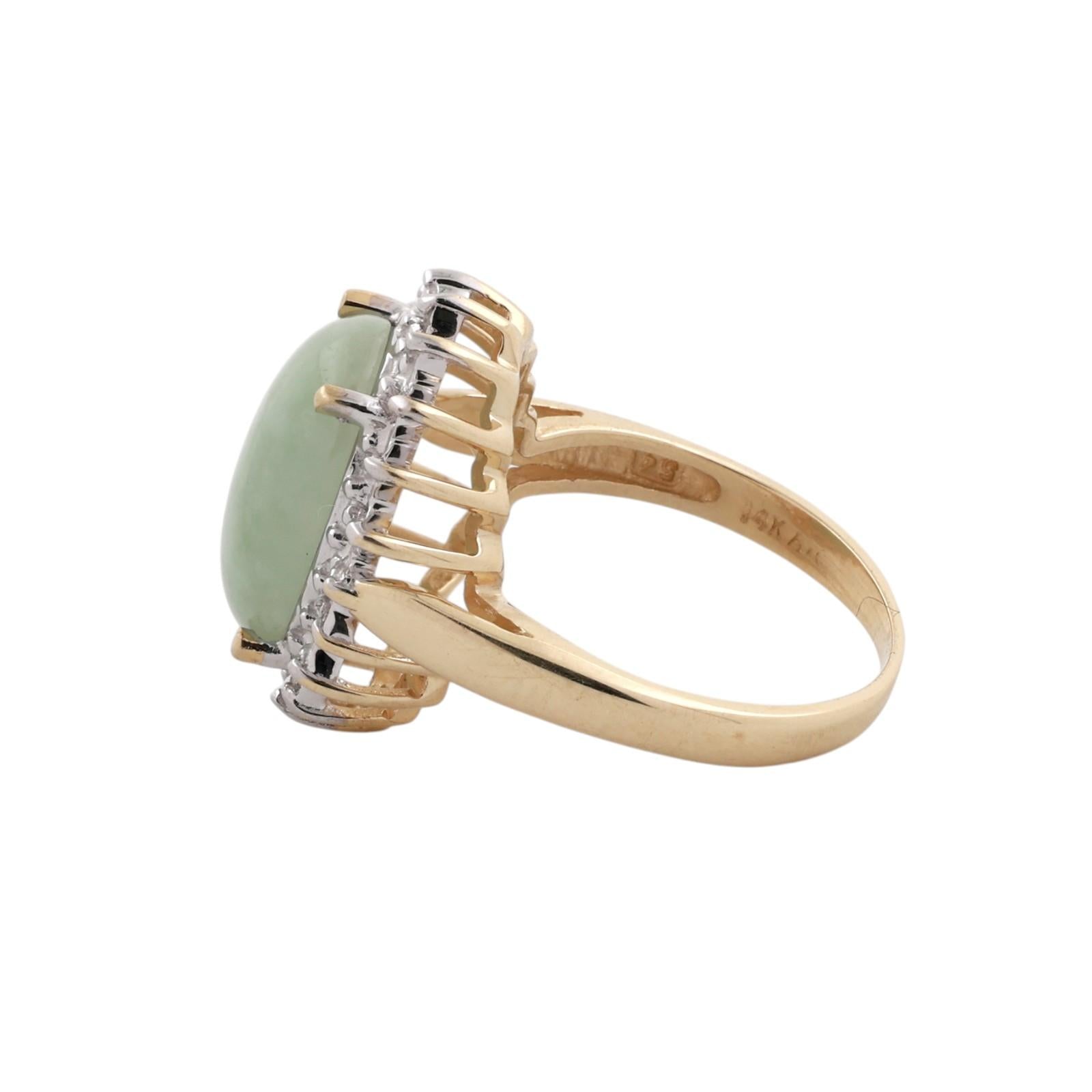 14K Two Tone Gold Jadeite Jade Diamond Ring Oval Cabochon Halo Setting Size 7