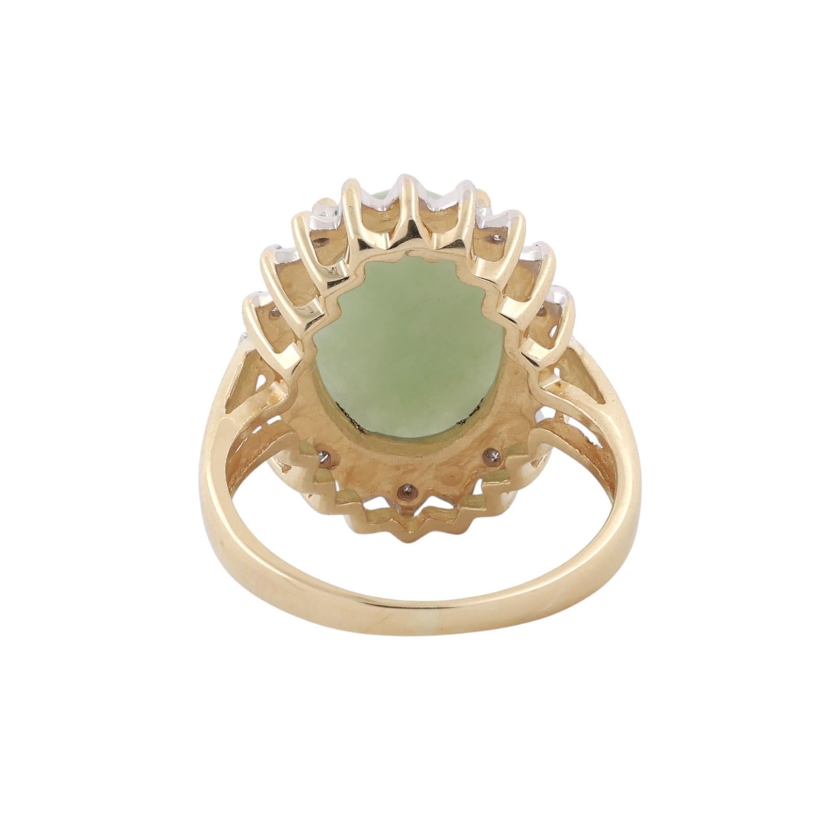 14K Two Tone Gold Jadeite Jade Diamond Ring Oval Cabochon Halo Setting Size 7