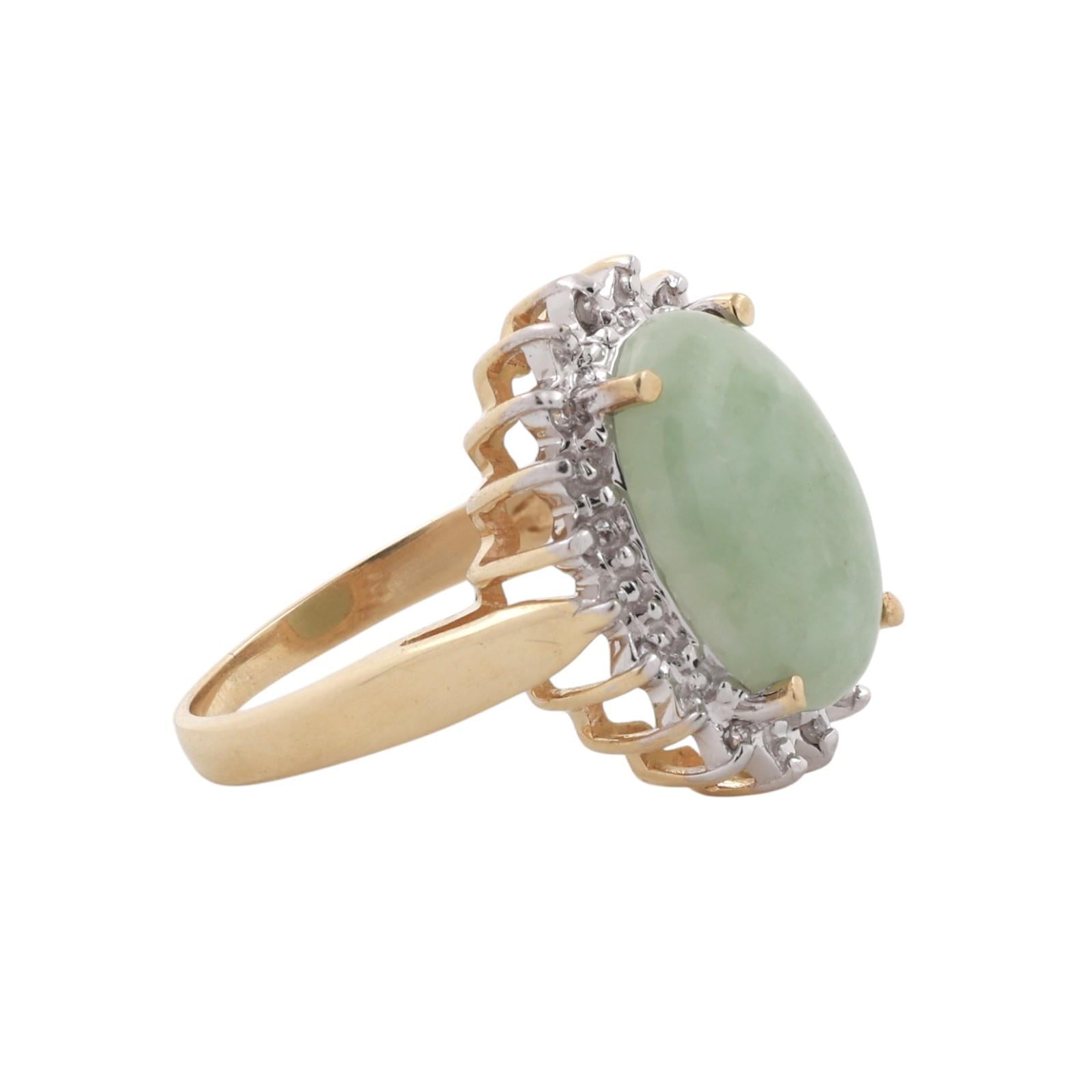 14K Two Tone Gold Jadeite Jade Diamond Ring Oval Cabochon Halo Setting Size 7
