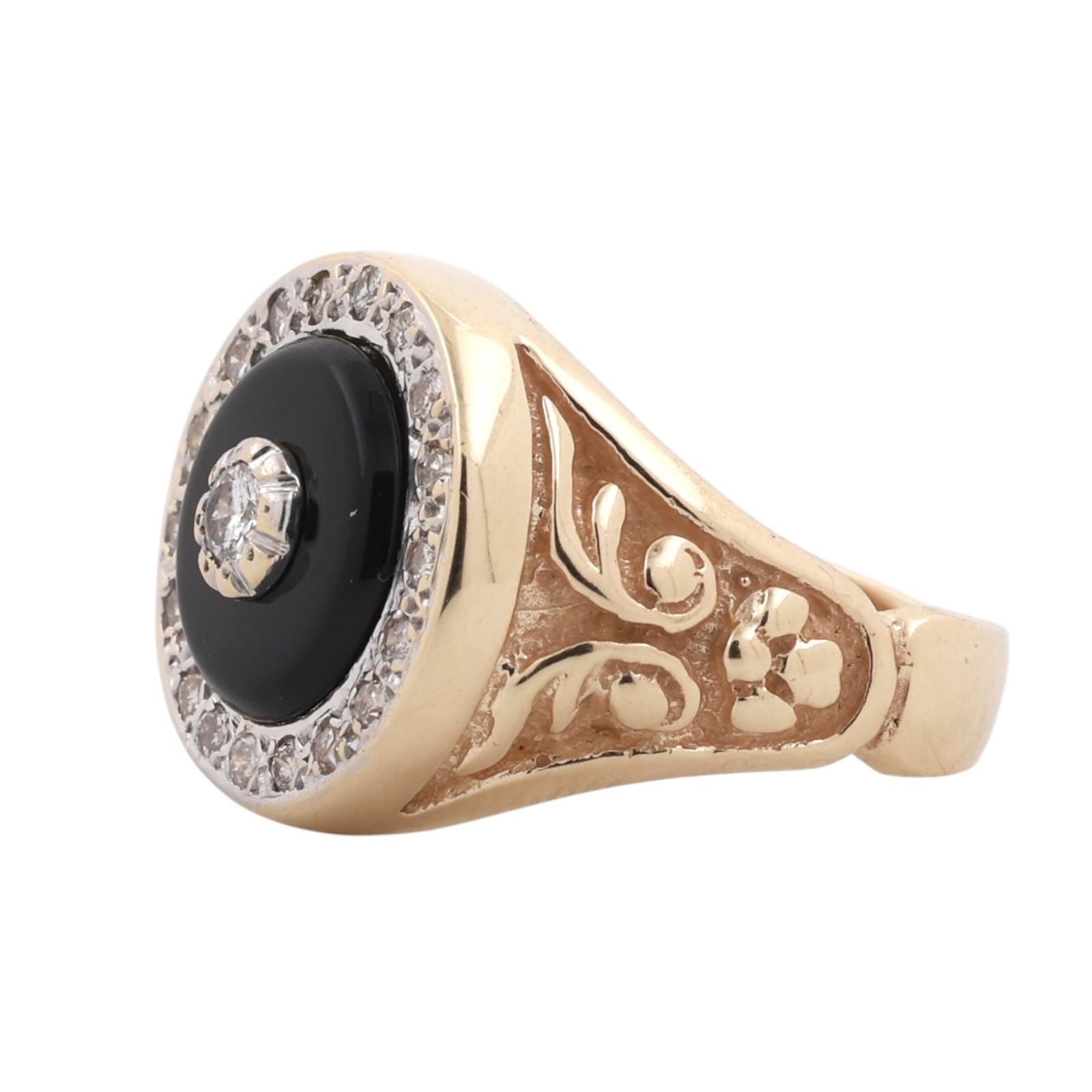 14K Two-Tone Gold Black Onyx Diamond Halo Scroll Signet Ring Sz 7.25