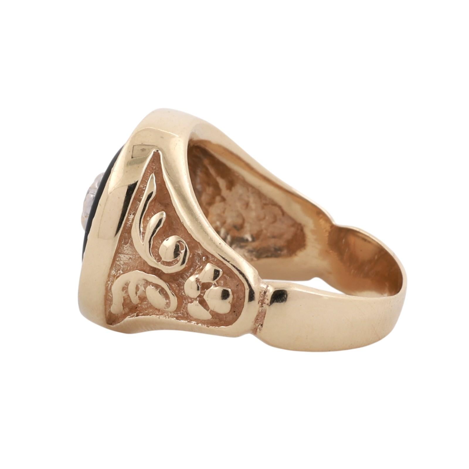 14K Two-Tone Gold Black Onyx Diamond Halo Scroll Signet Ring Sz 7.25