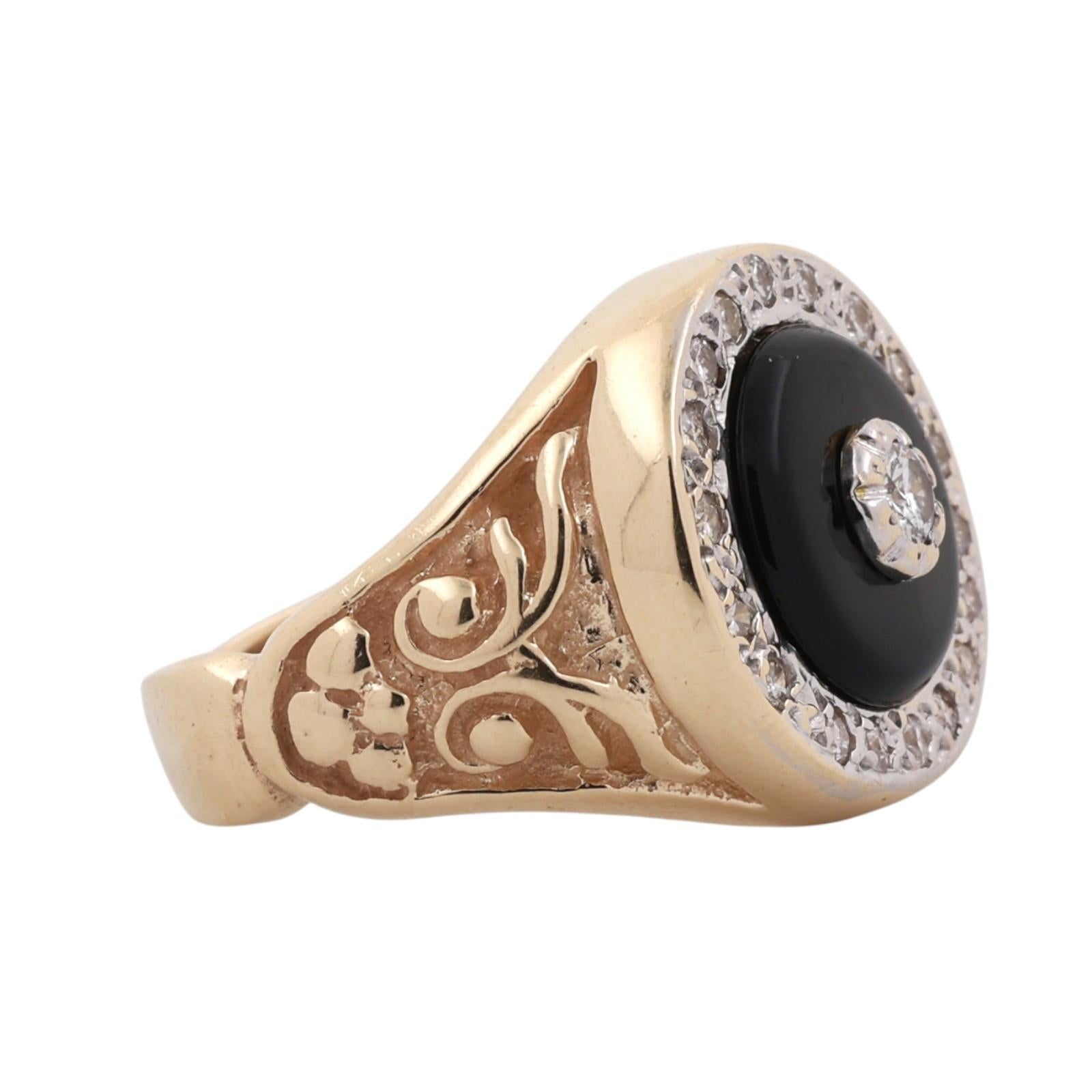 14K Two-Tone Gold Black Onyx Diamond Halo Scroll Signet Ring Sz 7.25