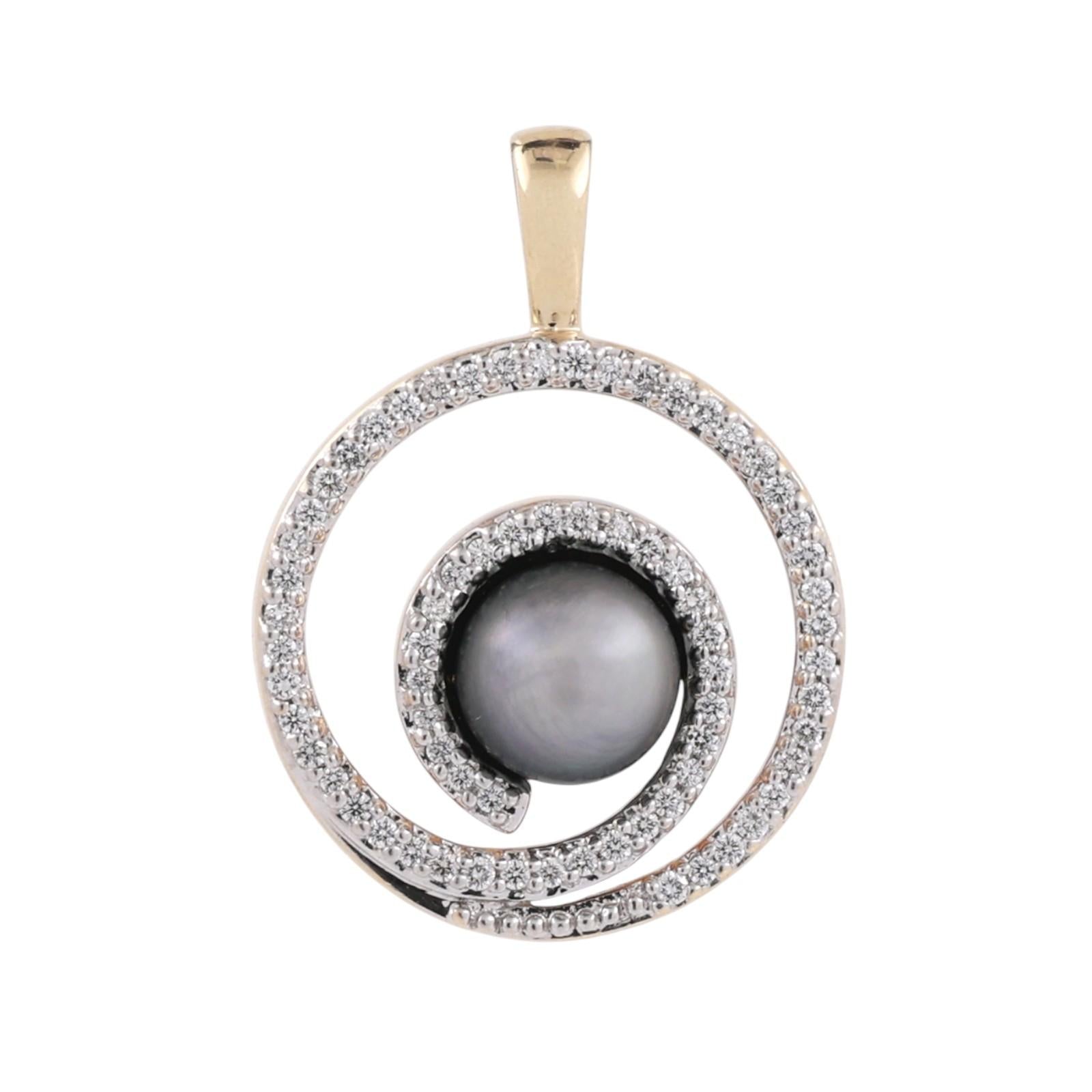 14K Two-Tone Gold Gray Akoya Pearl Diamond Circle Swirl Pendant 0.50CTW Diamonds