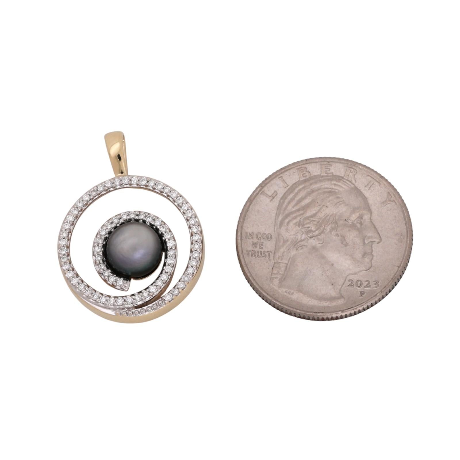 14K Two-Tone Gold Gray Akoya Pearl Diamond Circle Swirl Pendant 0.50CTW Diamonds