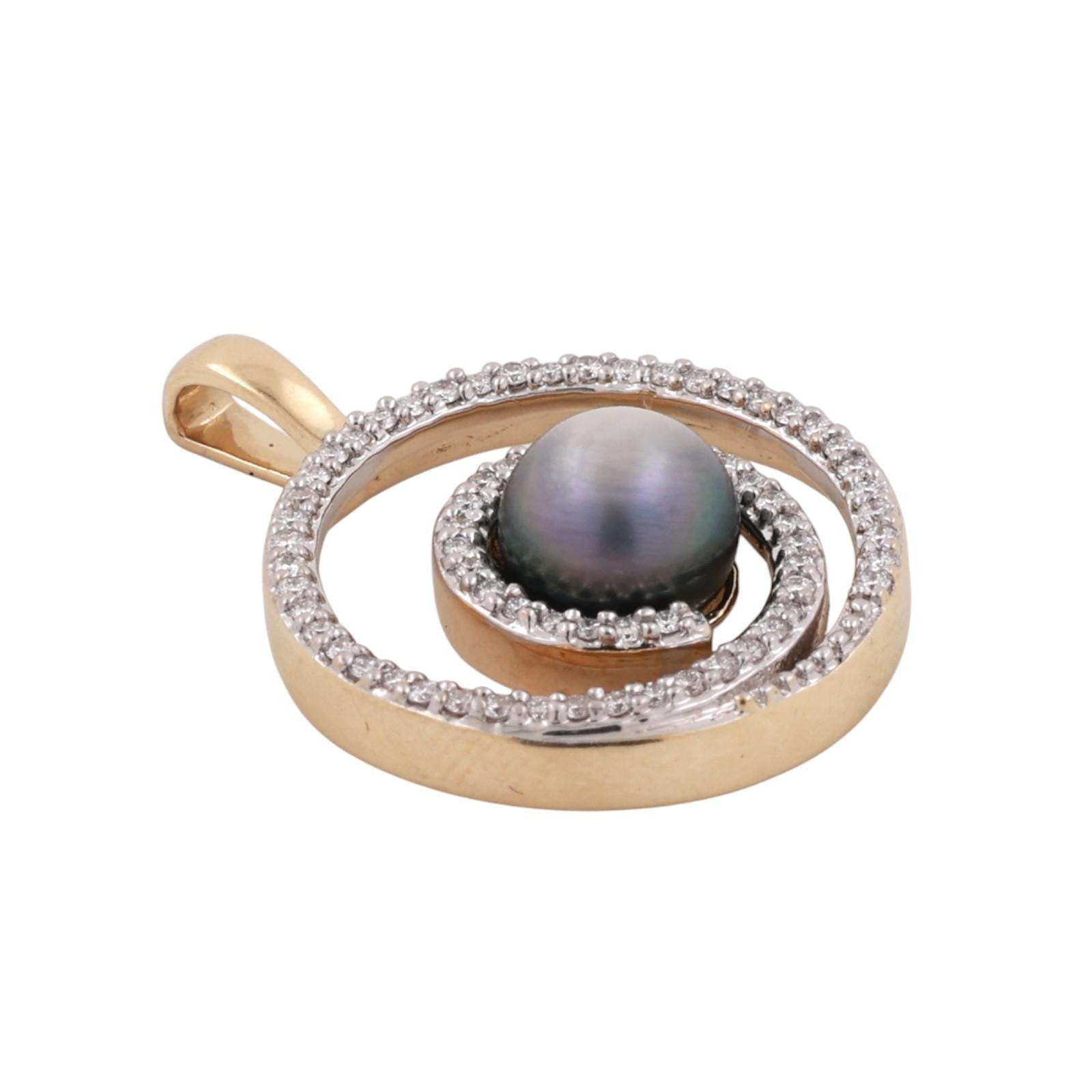 14K Two-Tone Gold Gray Akoya Pearl Diamond Circle Swirl Pendant 0.50CTW Diamonds