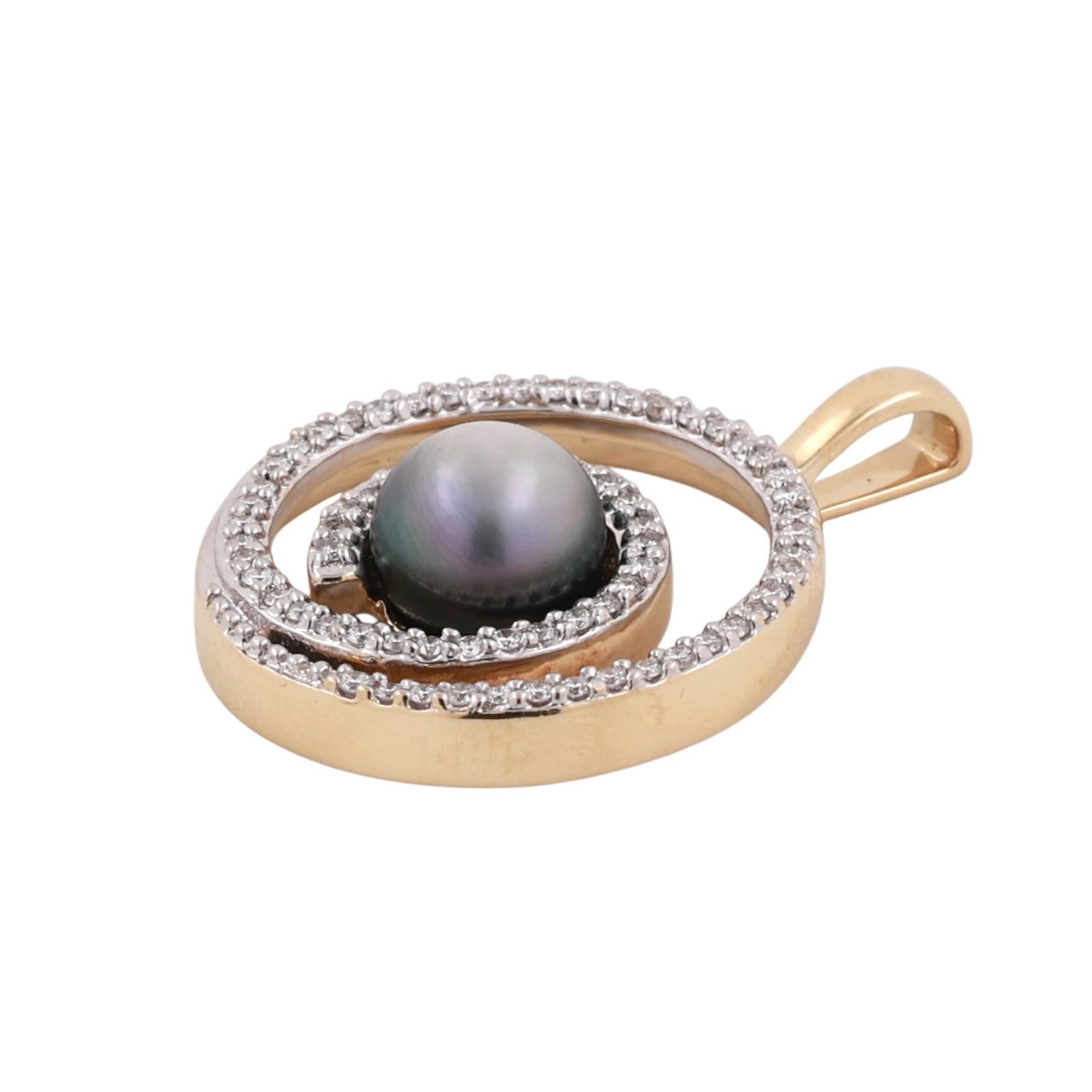 14K Two-Tone Gold Gray Akoya Pearl Diamond Circle Swirl Pendant 0.50CTW Diamonds
